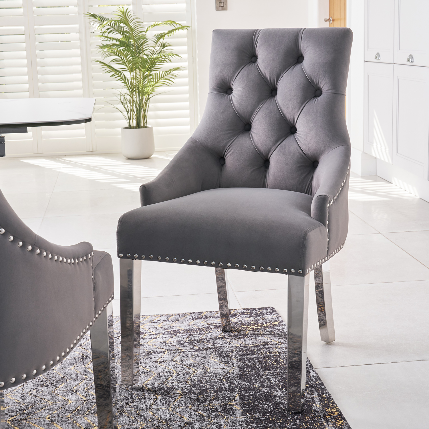 Chelsea Grey Brushed Velvet Scoop Back Dining Chair Silver Studs – Polished Steel Legs