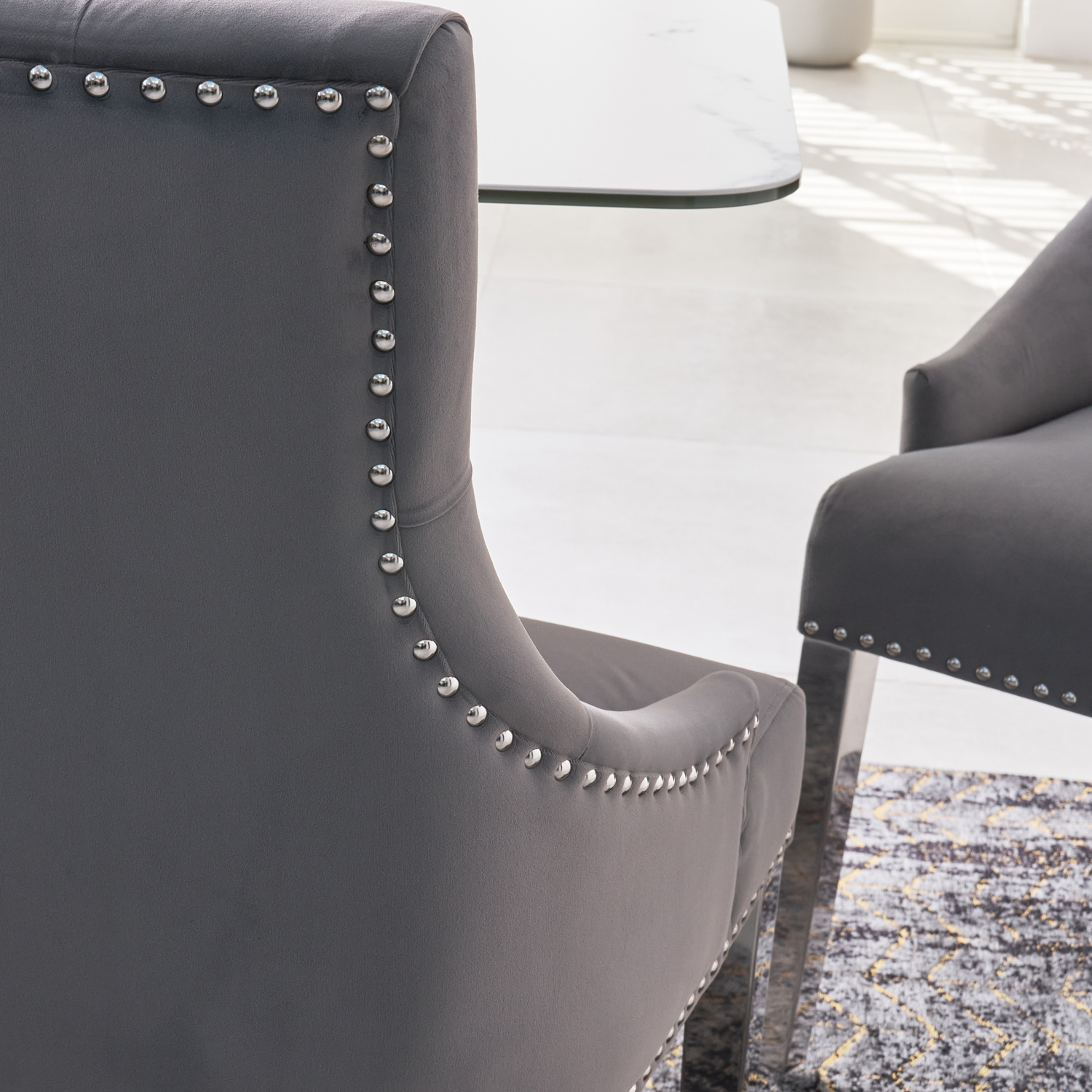 Chelsea Grey Brushed Velvet Scoop Back Dining Chair Silver Studs – Polished Steel Legs