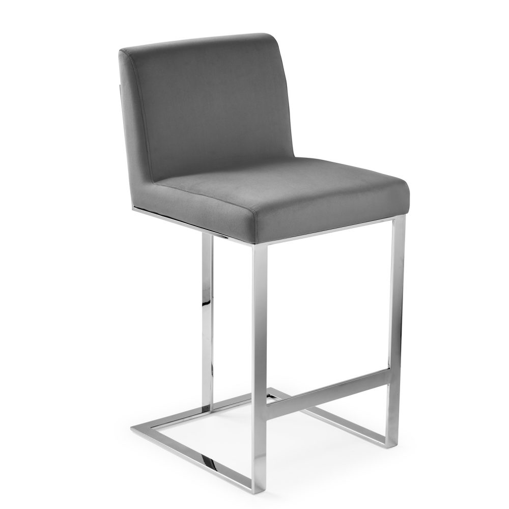 Bailey Grey Velvet Kitchen Barstool - Polished Steel - Image 7