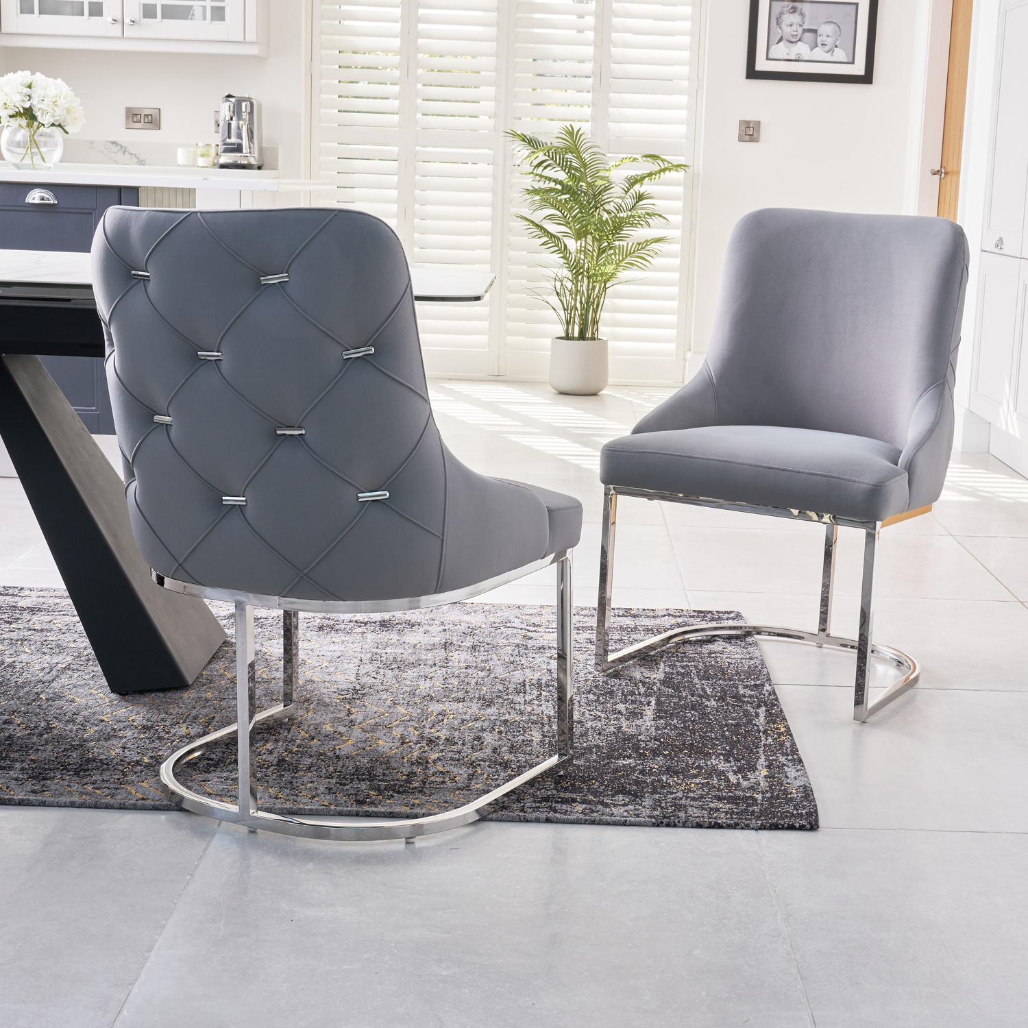 Clara Grey Brushed Velvet Upholstered Dining Chair – Polished Stainless Steel Base