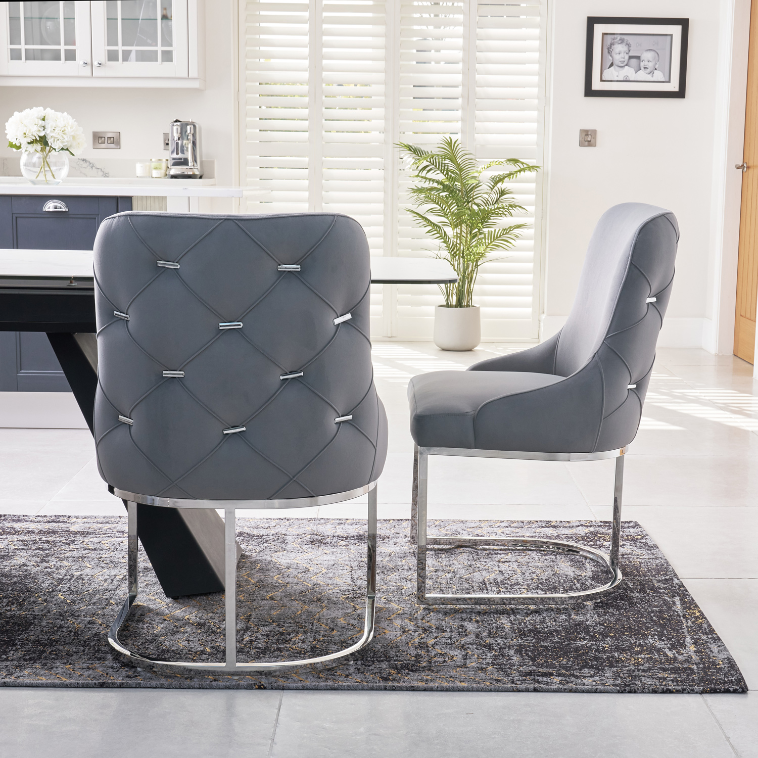 Clara Grey Brushed Velvet Upholstered Dining Chair – Polished Stainless Steel Base