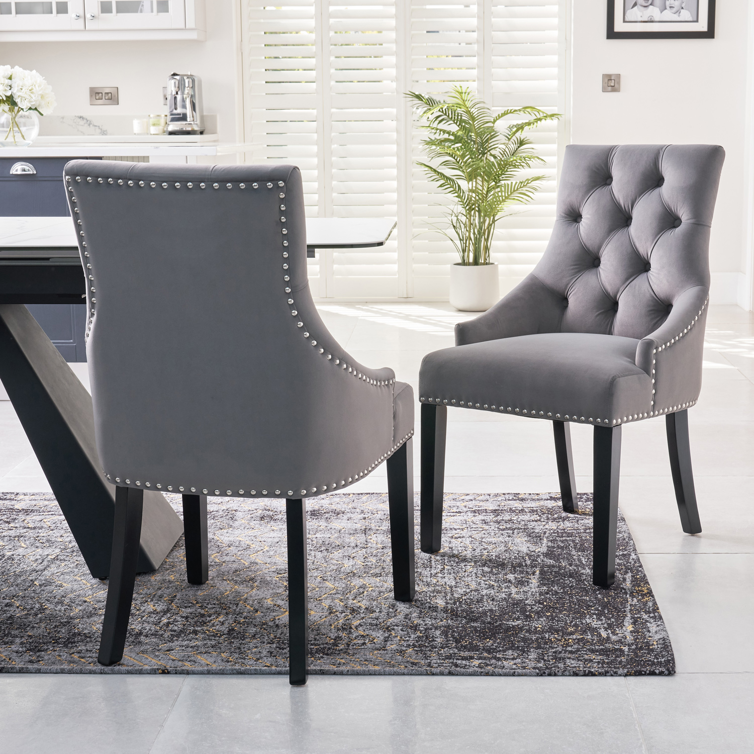 New Chelsea Grey Brushed Velvet Scoop Back Dining Chair Silver Studs
