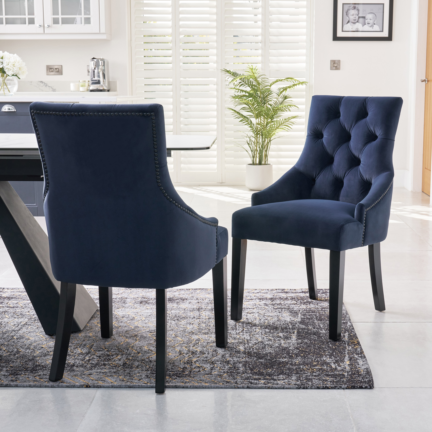 New Chelsea Dark Blue Brushed Velvet Scoop Back Dining Chair Black Studs