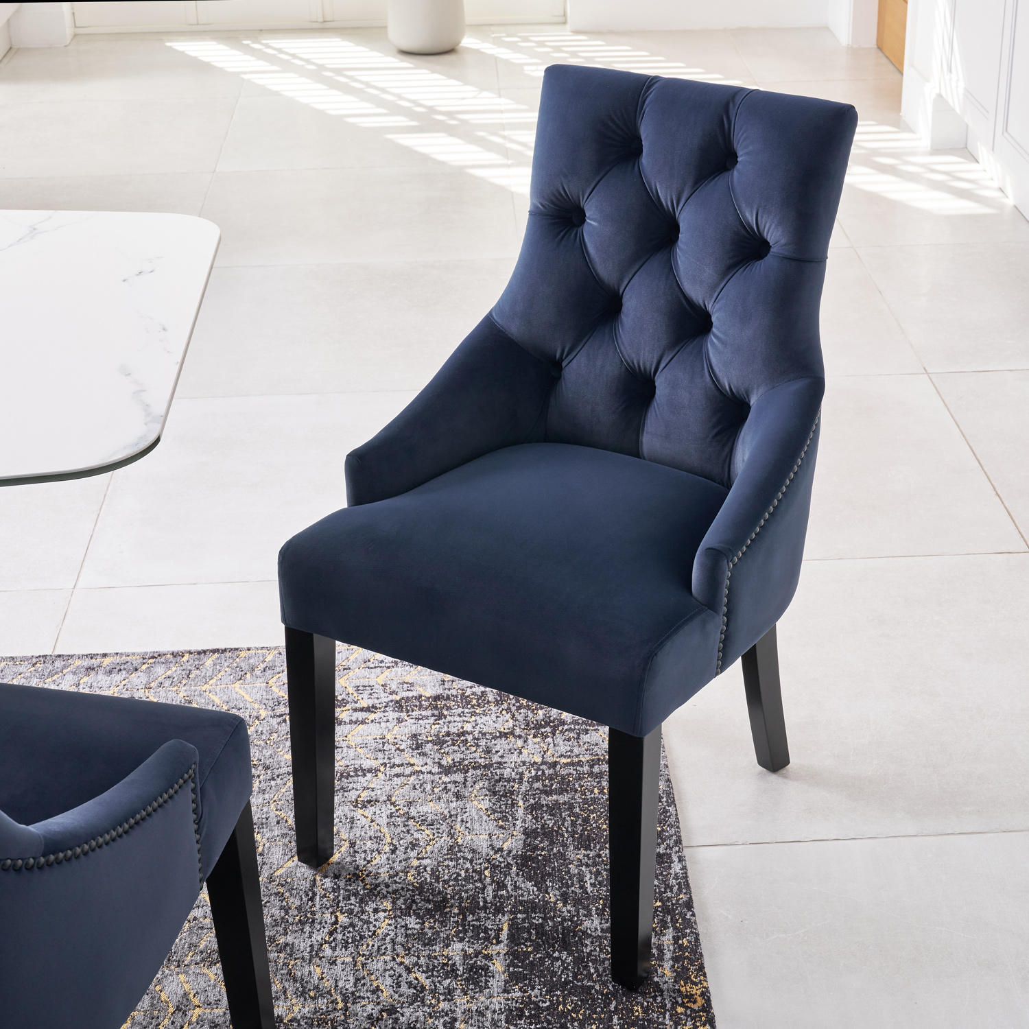 New Chelsea Dark Blue Brushed Velvet Scoop Back Dining Chair Black Studs