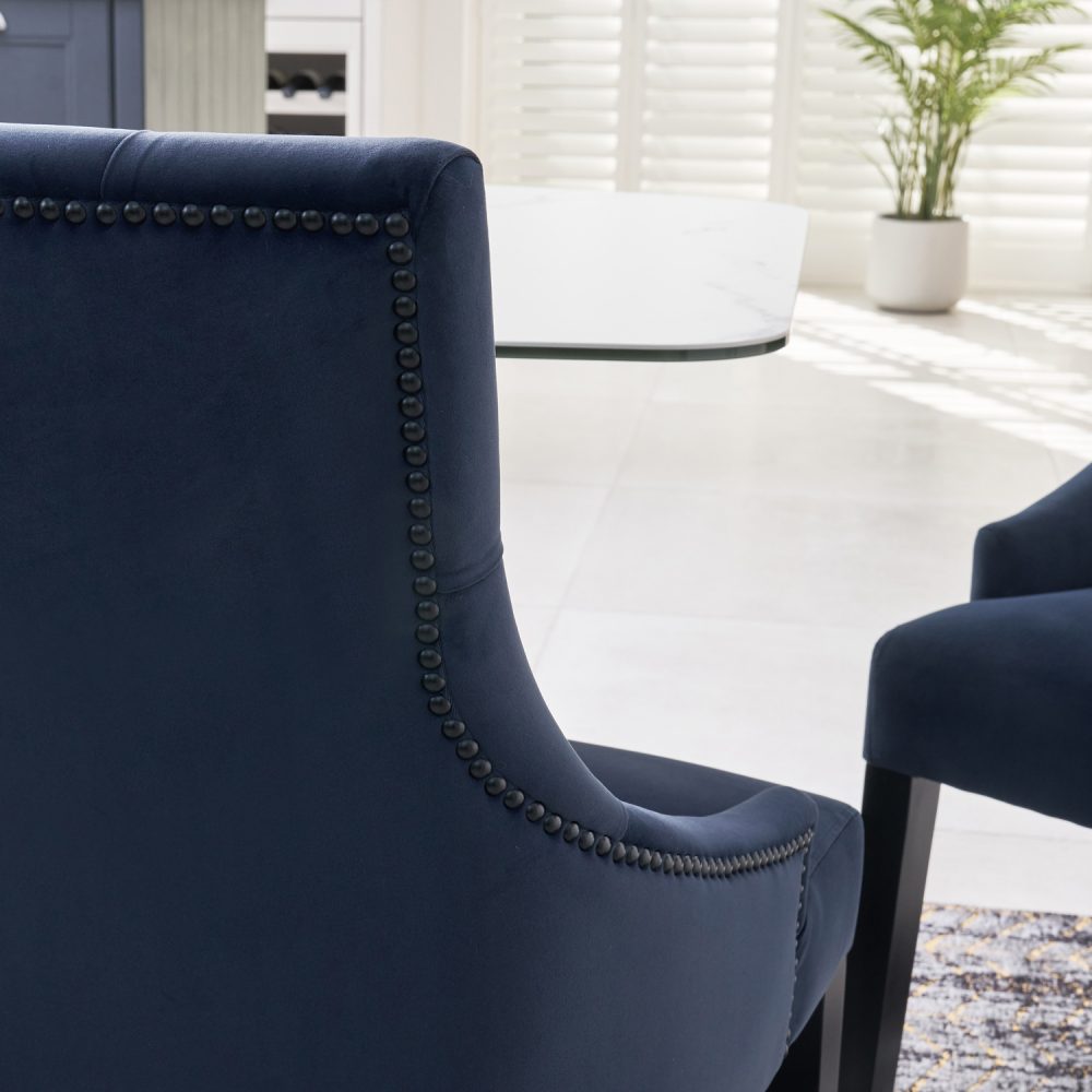 New Chelsea Dark Blue Brushed Velvet Scoop Back Dining Chair Black Studs - Image 5