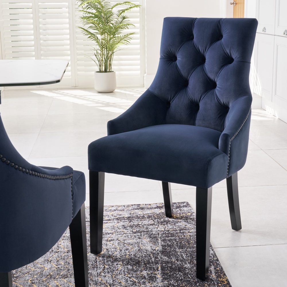New Chelsea Dark Blue Brushed Velvet Scoop Back Dining Chair Black Studs - Image 3