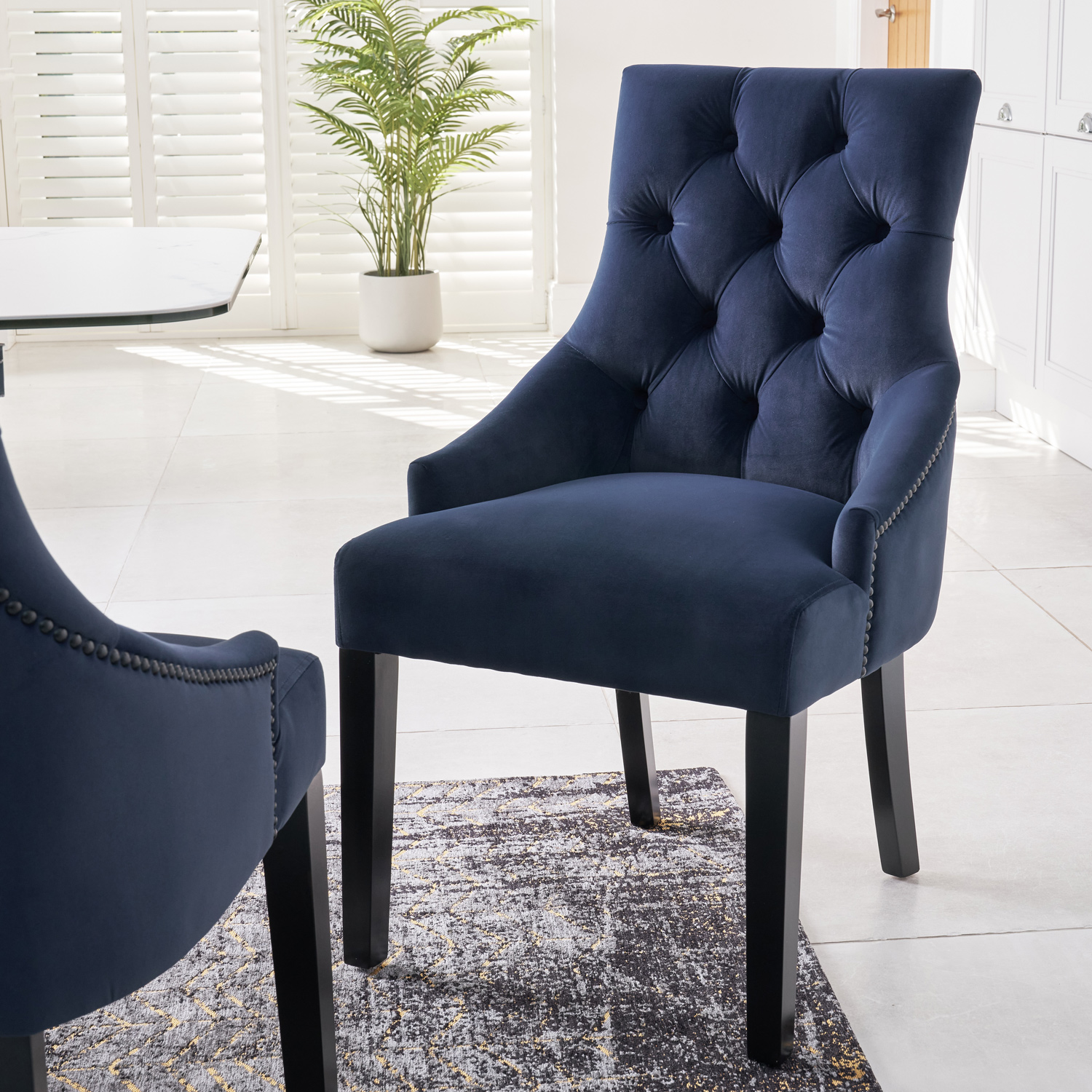 New Chelsea Dark Blue Brushed Velvet Scoop Back Dining Chair Black Studs