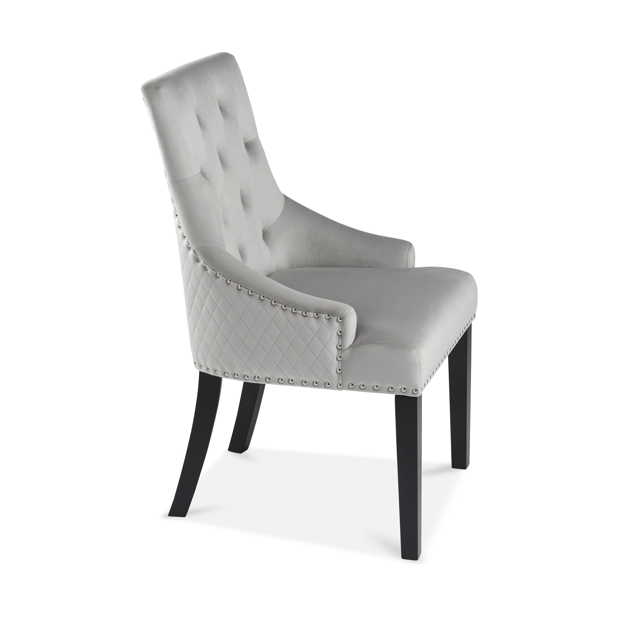 Chelsea Brushed Velvet Upholstered Scoop Dining Chair – Light Grey – Diamond Stitch – Hoop – Black Legs