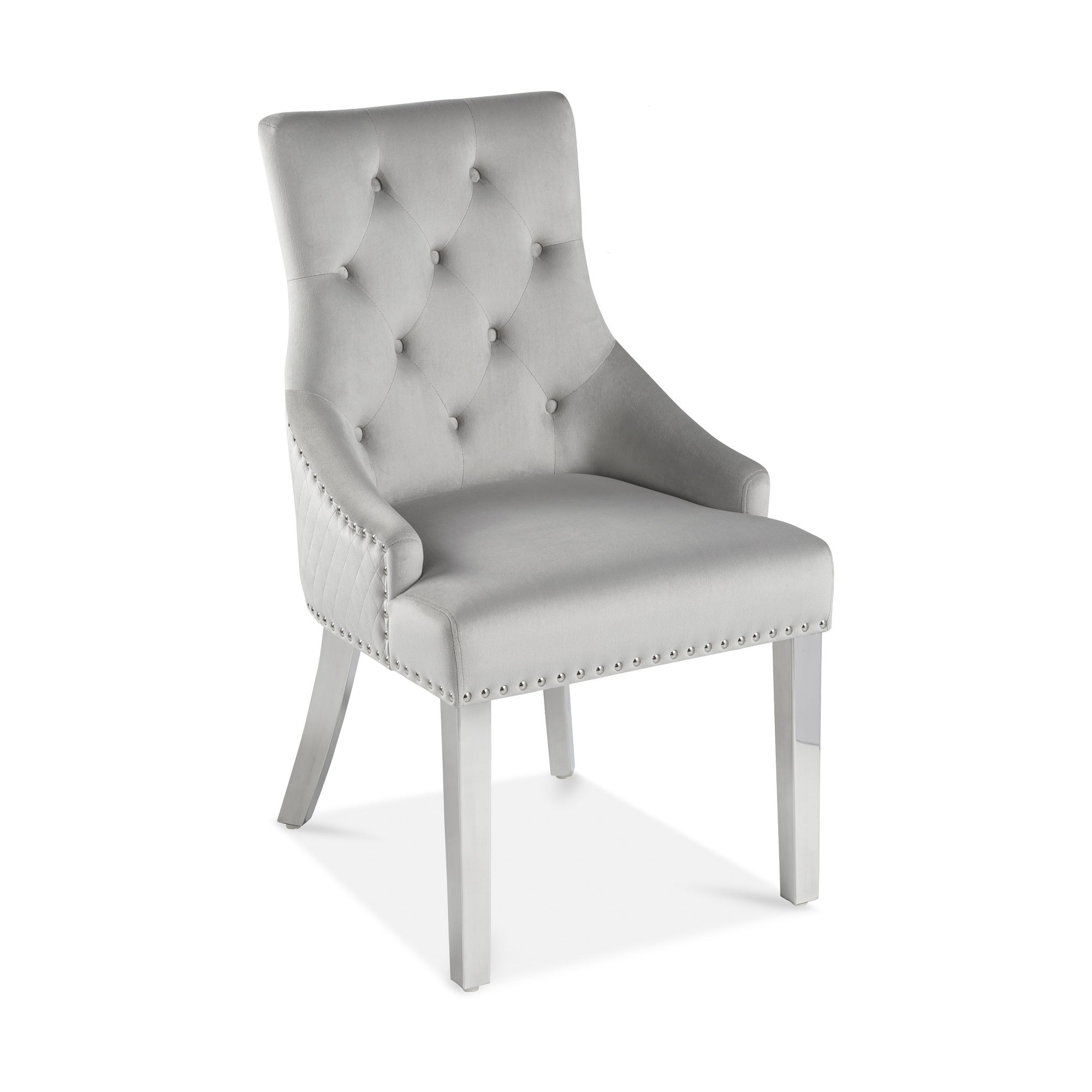 Chelsea Brushed Velvet Lion Knocker Dining Chair in Light Grey – Steel Legs