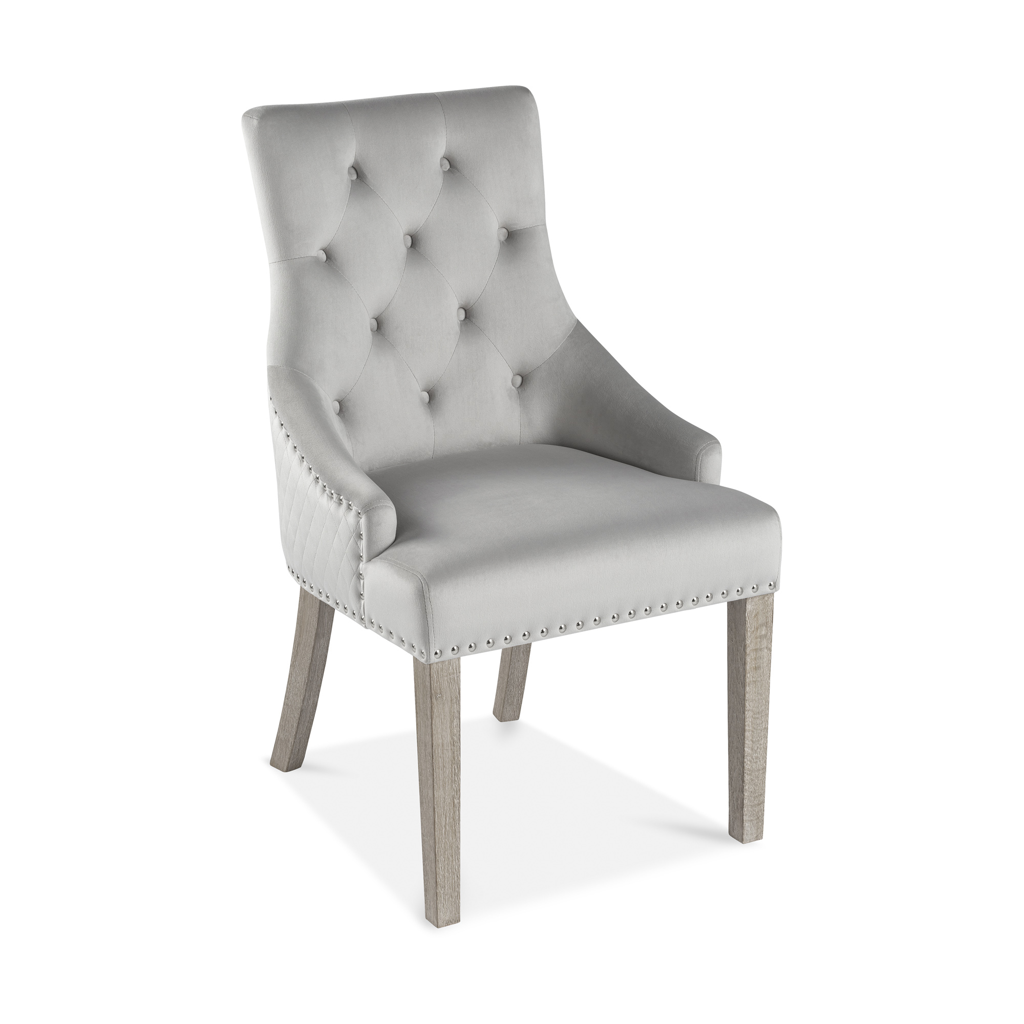 Set of 6 Chelsea Brushed Velvet Upholstered Scoop Dining Chair – Light Grey – Diamond Stitch – Hoop -Limed Oak Legs