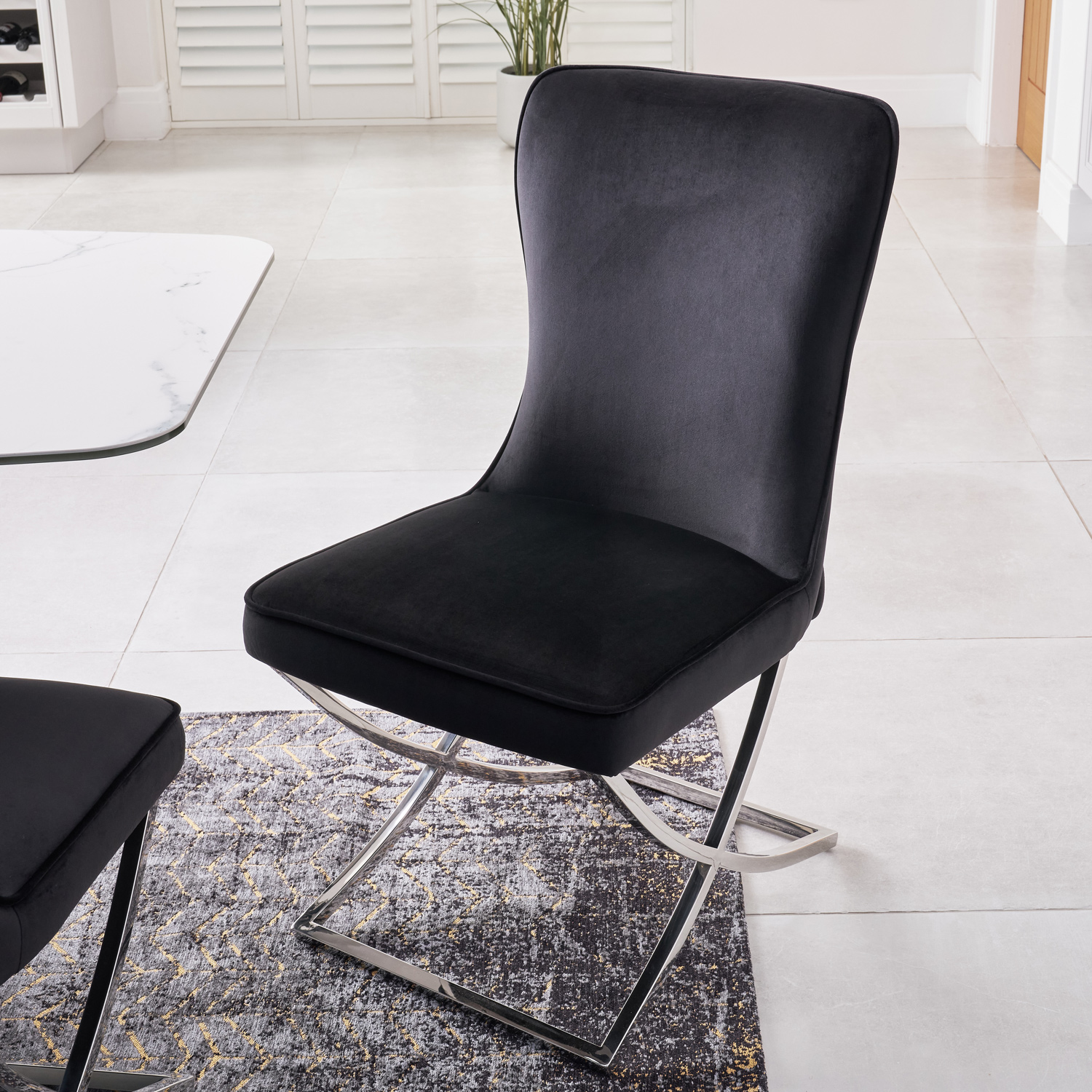 (Set of 2) Cheshire Black Brushed Velvet Dining Chair with a Stainless Steel Cross Leg
