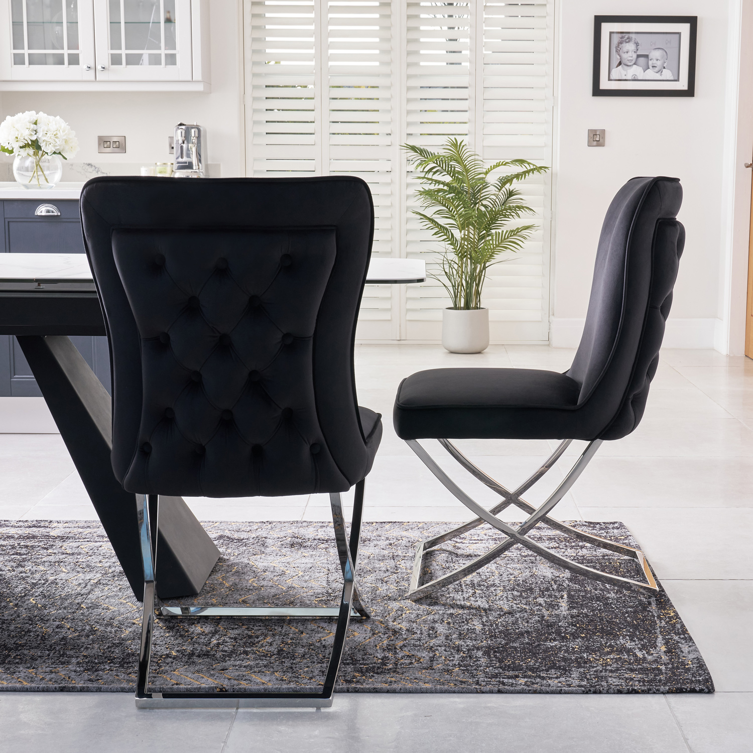 (Set of 2) Cheshire Black Brushed Velvet Dining Chair with a Stainless Steel Cross Leg
