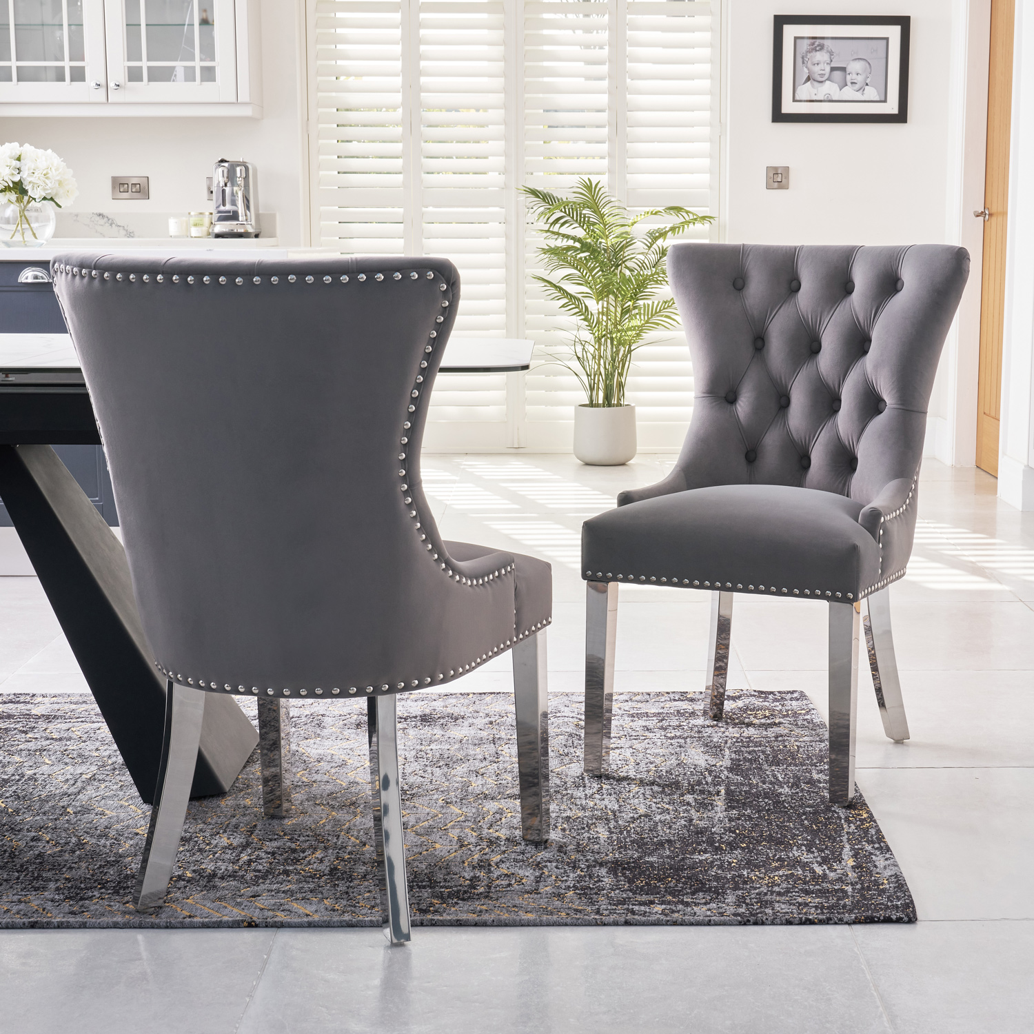 Knightsbridge Grey Brushed Velvet Dining Chair – Polished Steel Legs