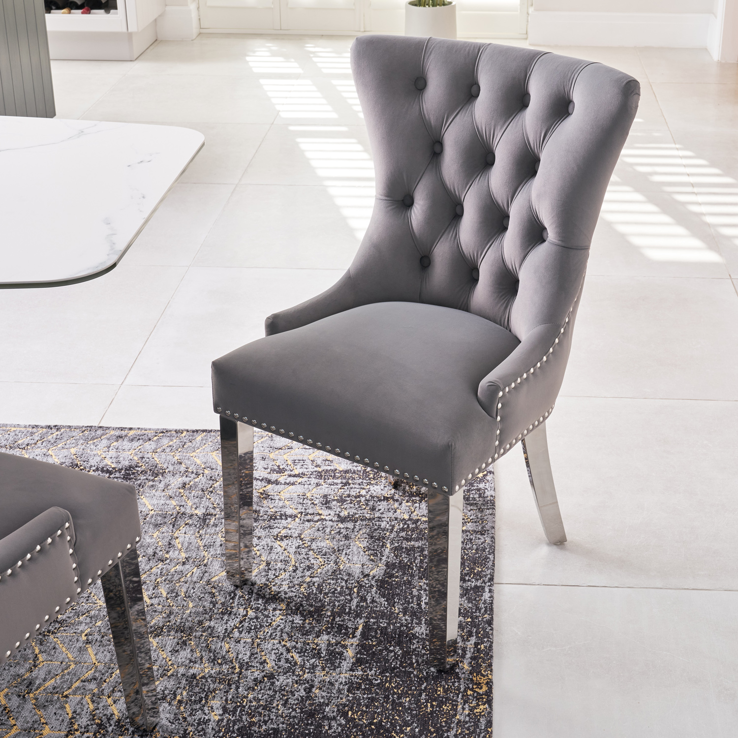 Knightsbridge Grey Brushed Velvet Dining Chair – Polished Steel Legs