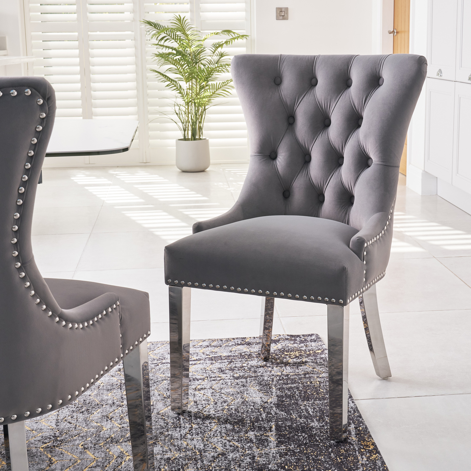 Knightsbridge Grey Brushed Velvet Dining Chair – Polished Steel Legs