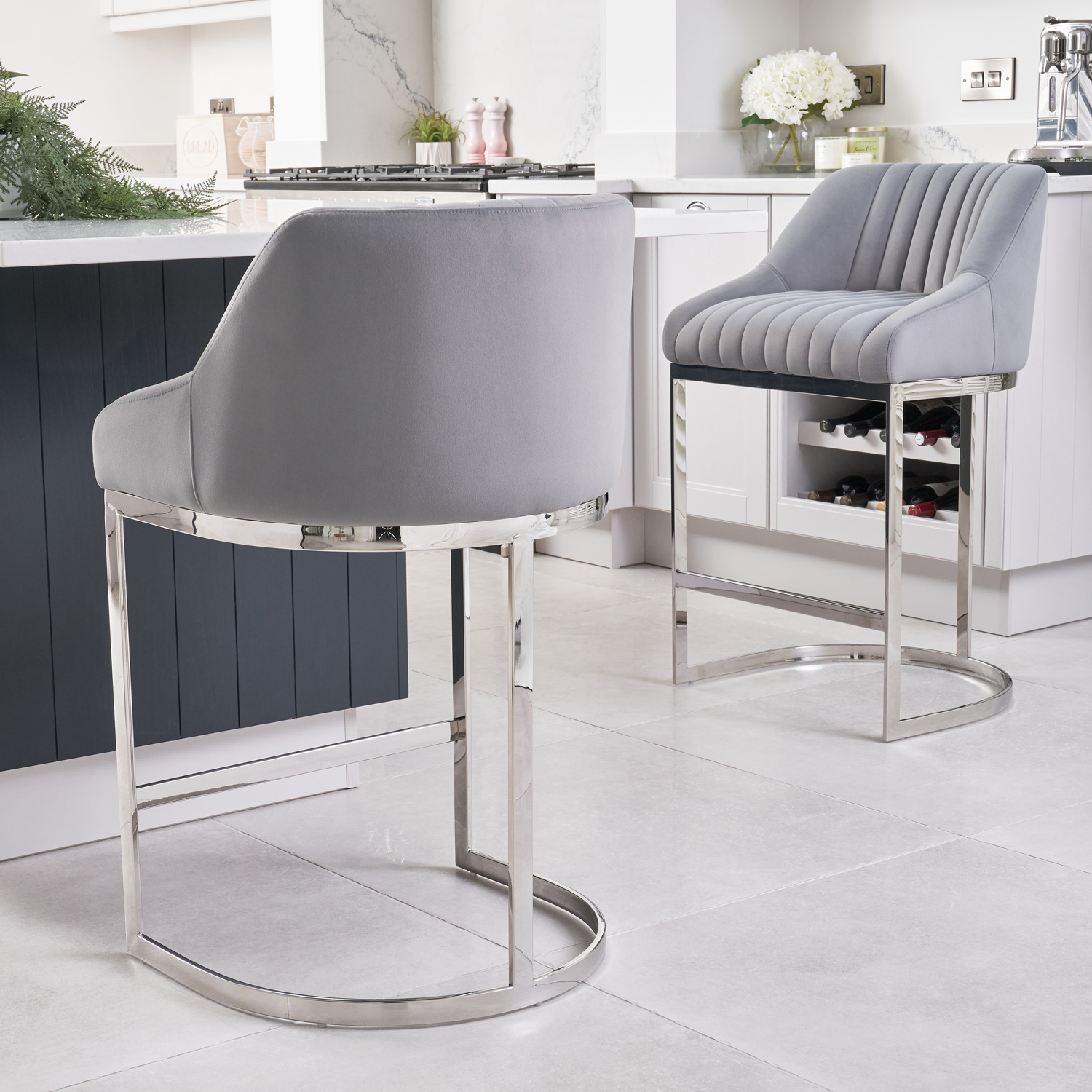 Barcelona Grey Velvet Kitchen Stool with a Stainless Steel Frame