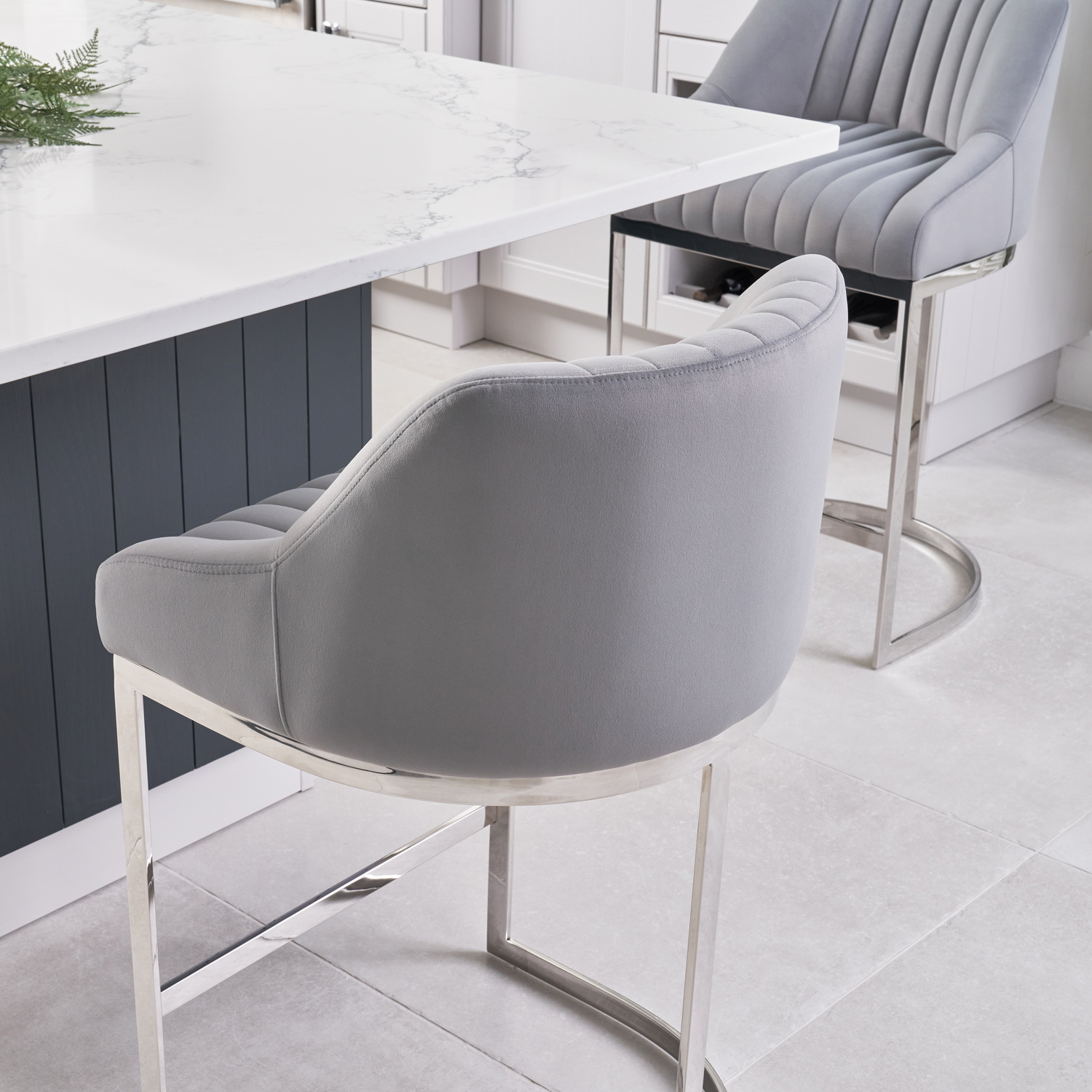 Barcelona Grey Velvet Kitchen Stool with a Stainless Steel Frame