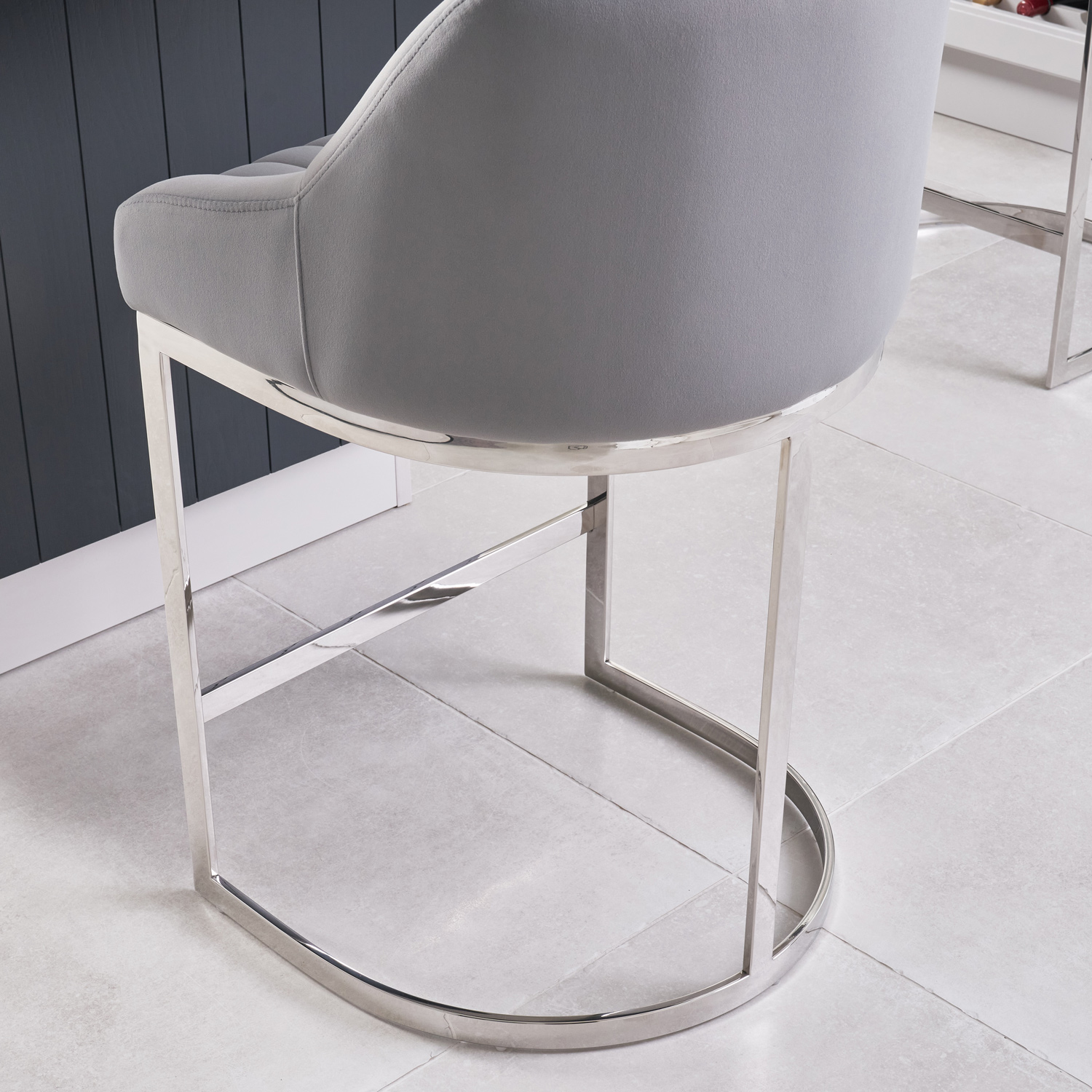 Barcelona Grey Velvet Kitchen Stool with a Stainless Steel Frame