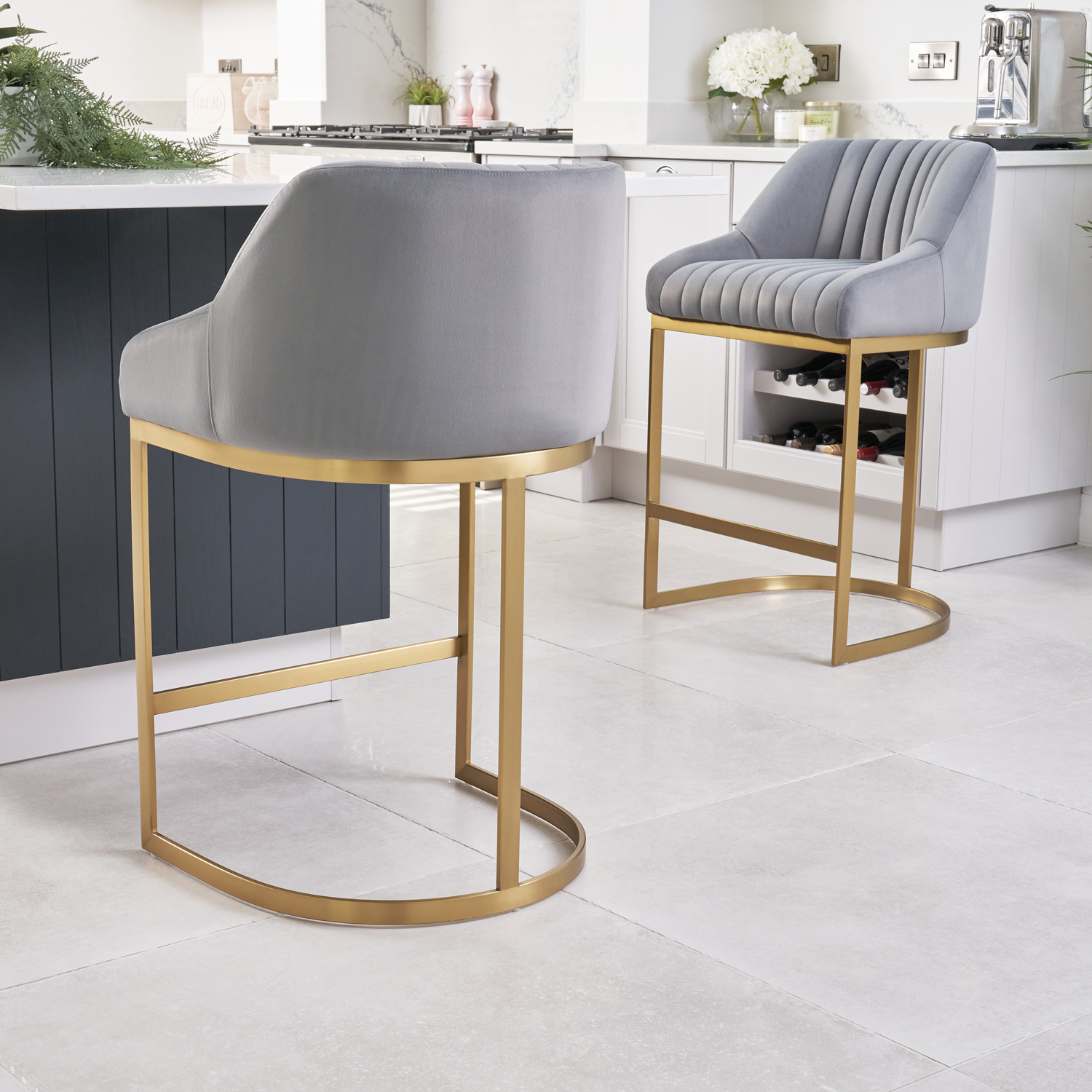 Barcelona Grey Velvet Kitchen Counter Stool with a Gold Stainless Steel Frame