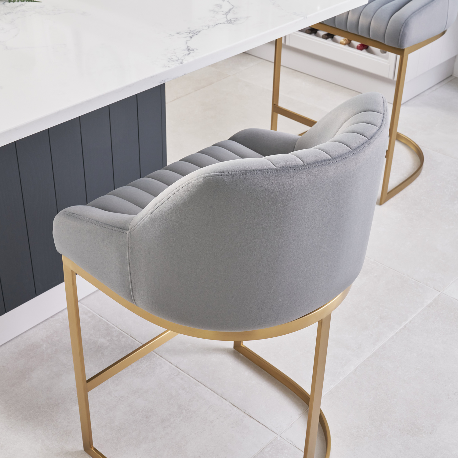 Barcelona Grey Velvet Kitchen Counter Stool with a Gold Stainless Steel Frame