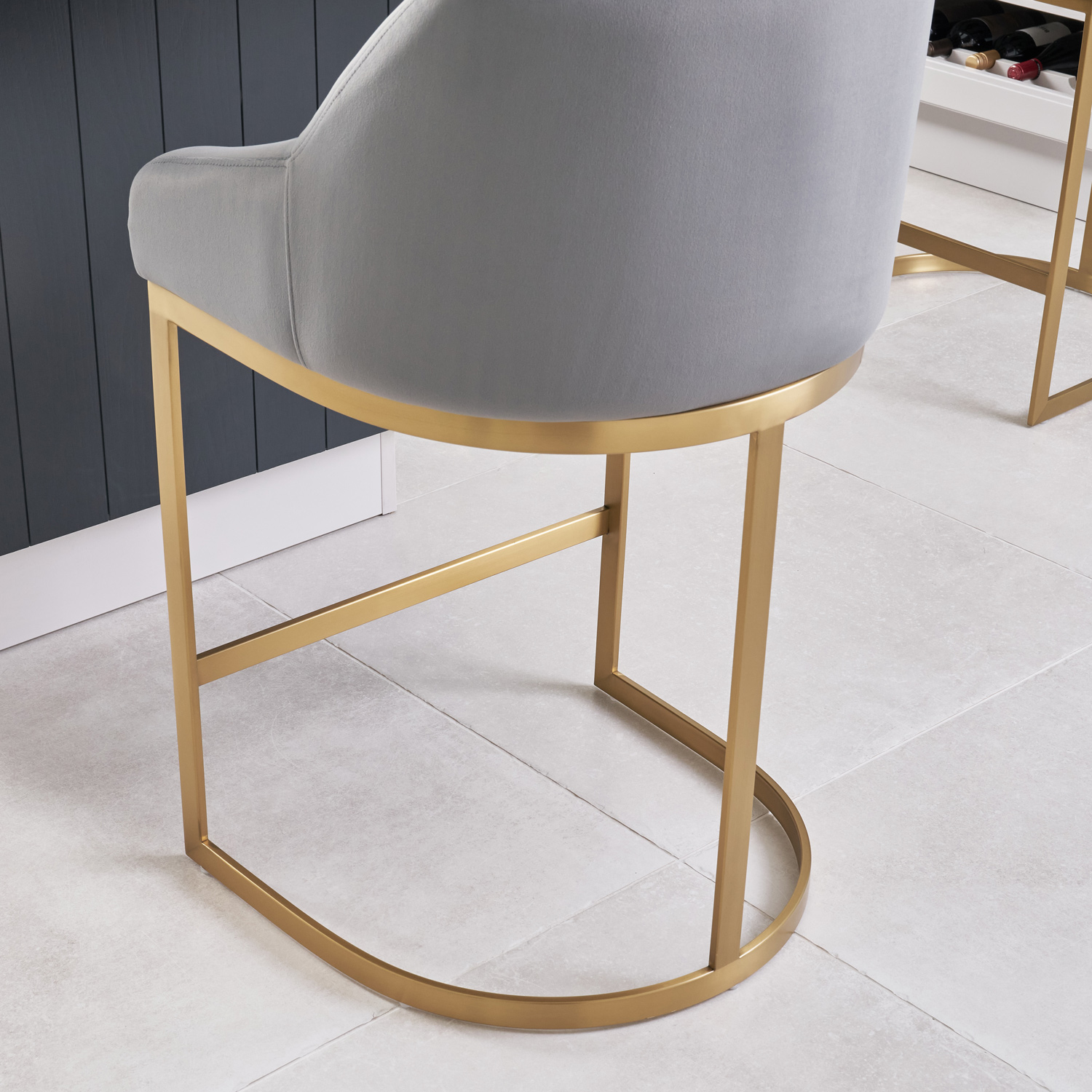 Barcelona Grey Velvet Kitchen Counter Stool with a Gold Stainless Steel Frame