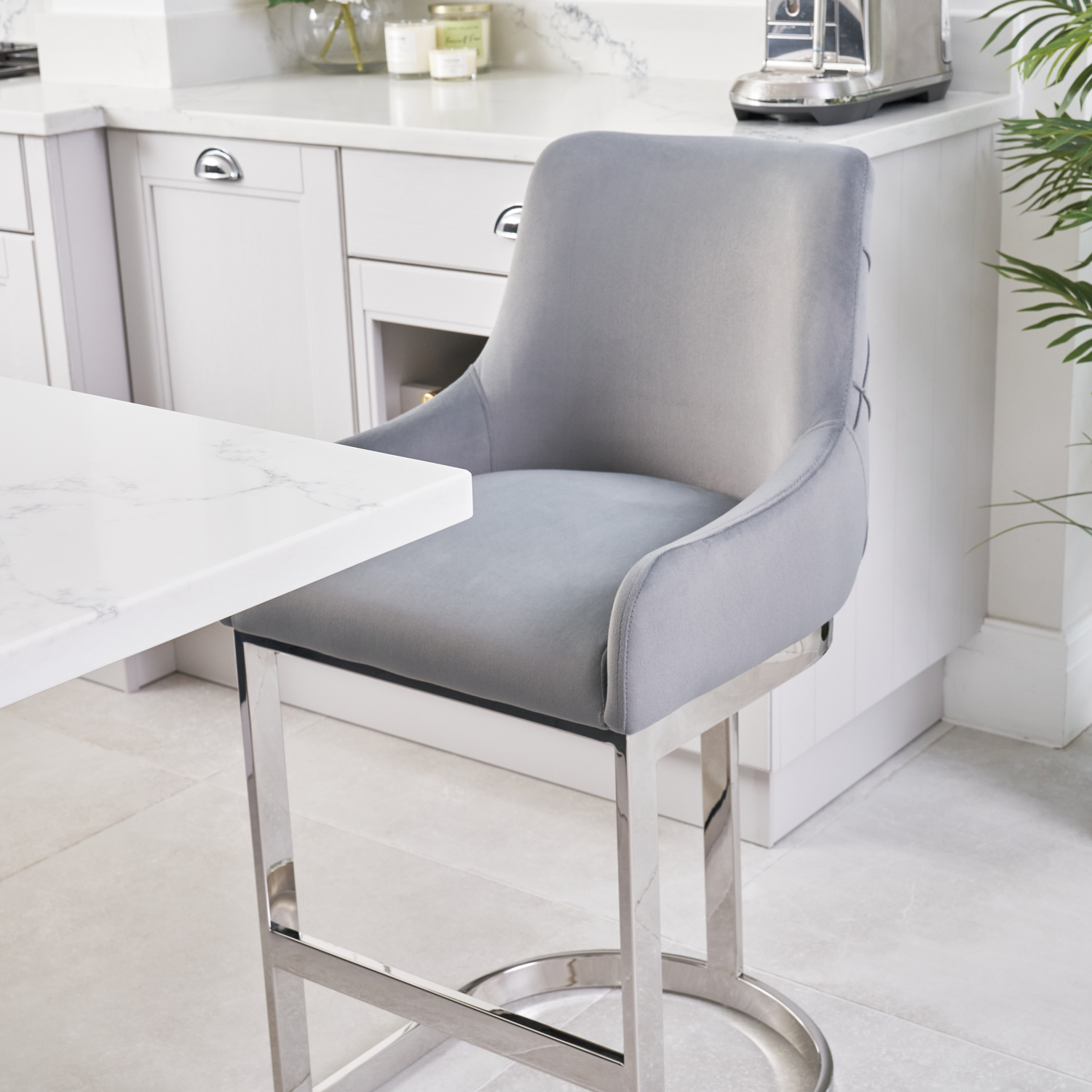 Clara Grey Velvet Kitchen Counter Stool with a Stainless Steel Frame