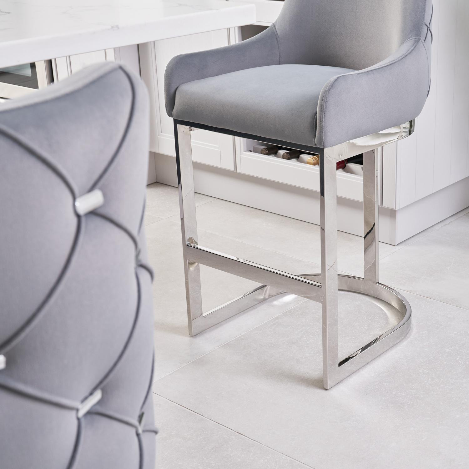 Clara Grey Velvet Kitchen Counter Stool with a Stainless Steel Frame