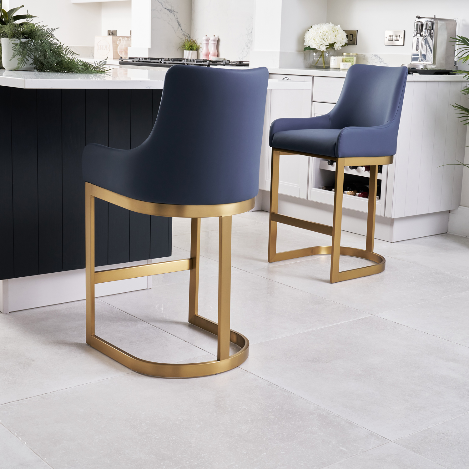 Clara Blue Upholstered Counter Kitchen Stool with Gold Steel Frame