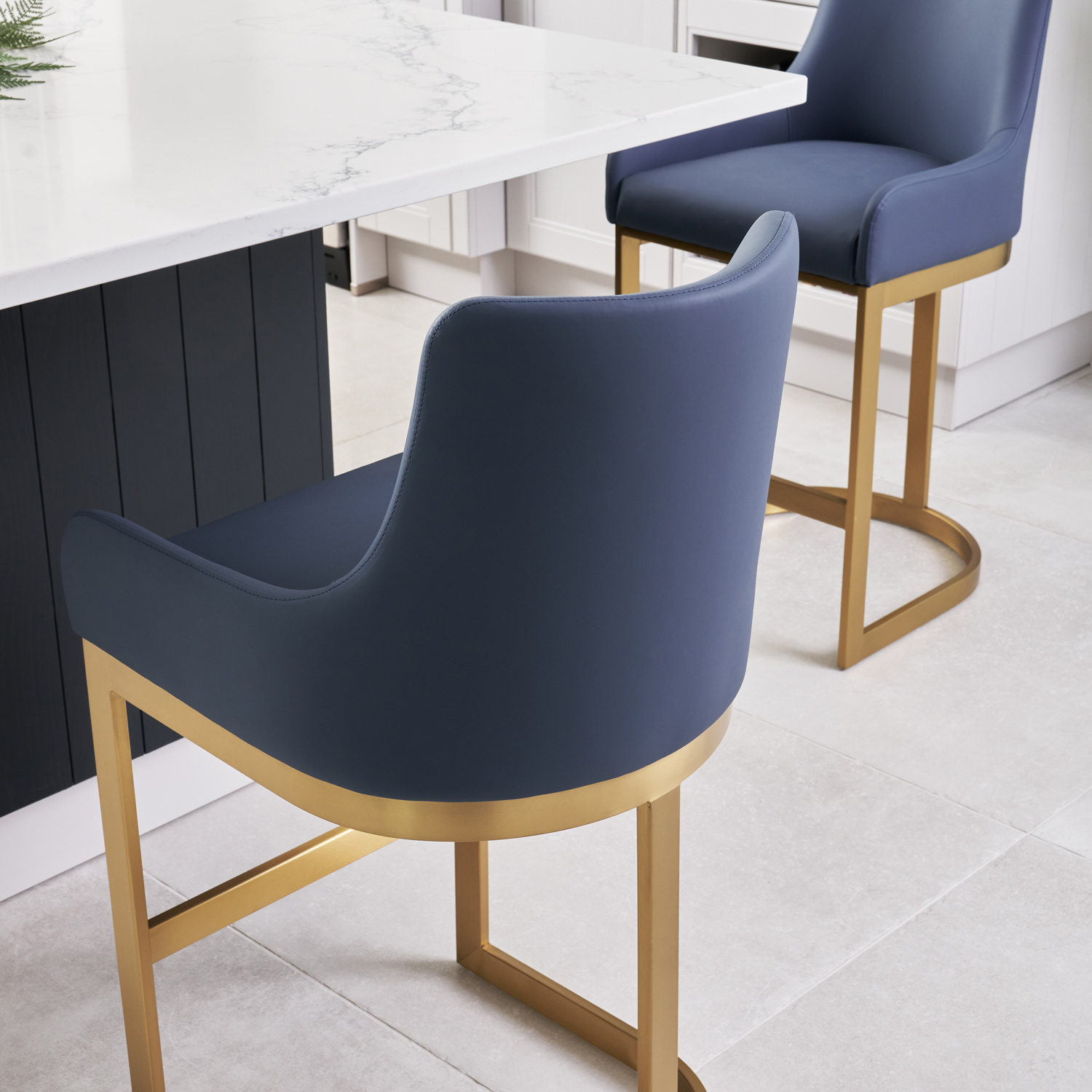 Clara Blue Upholstered Counter Kitchen Stool with Gold Steel Frame