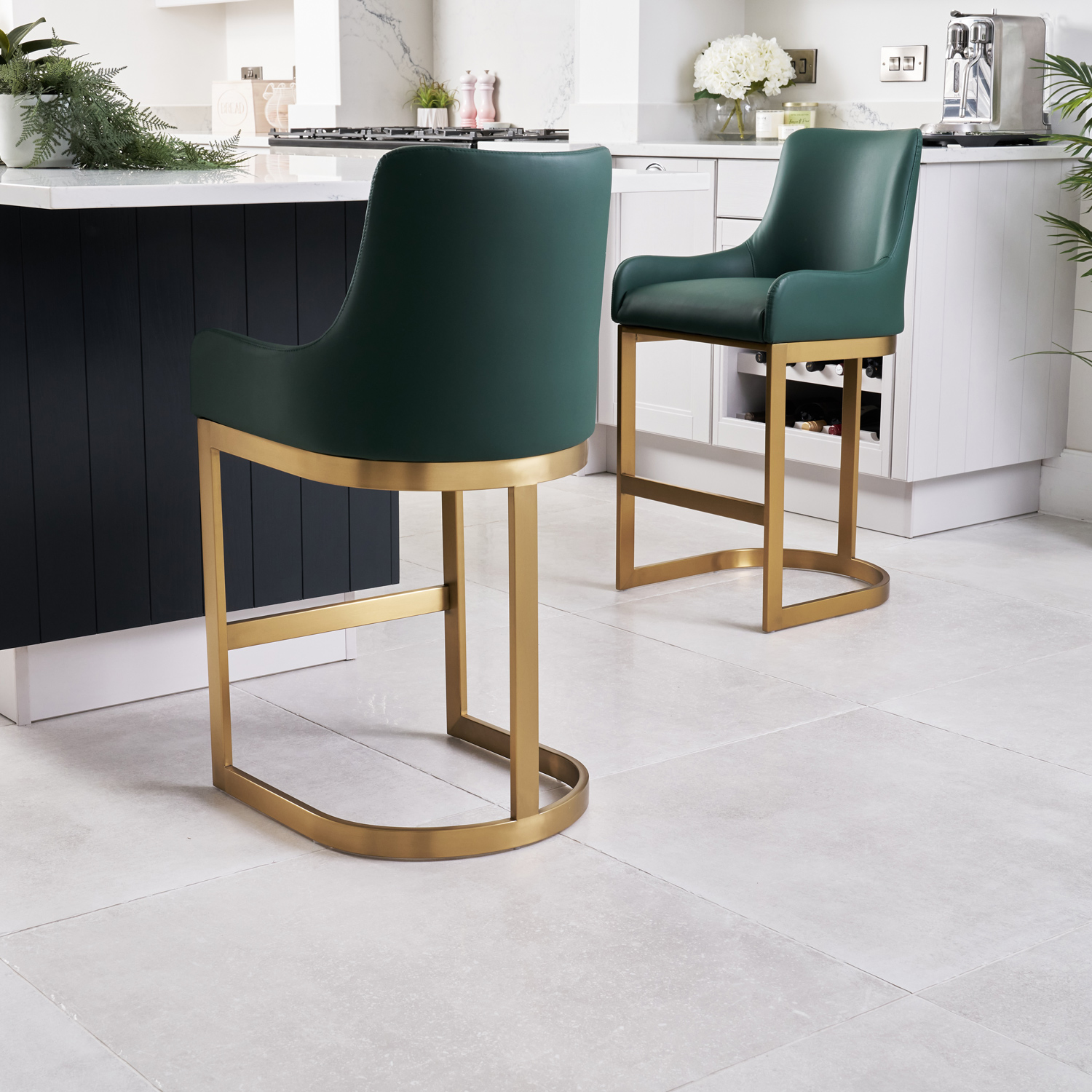 Clara Green Upholstered Counter Kitchen Stool with Gold Steel Frame