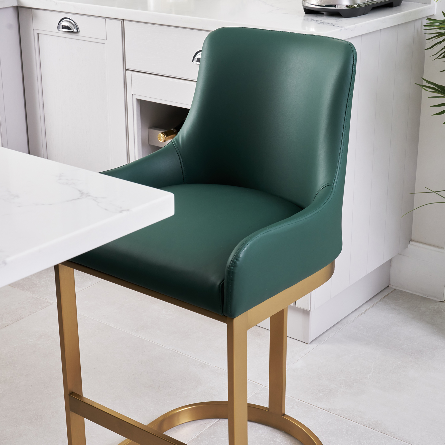 Clara Green Upholstered Counter Kitchen Stool with Gold Steel Frame