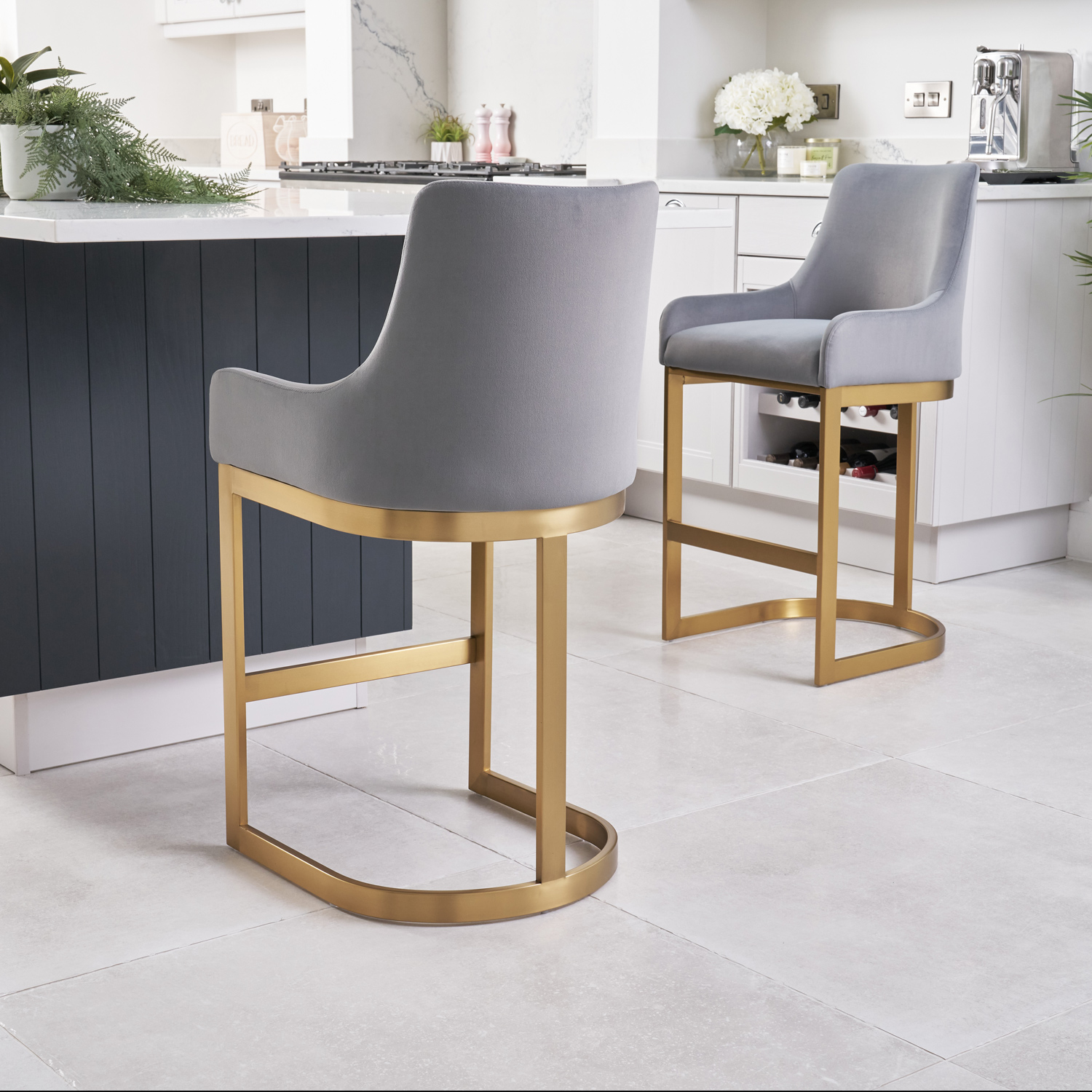 Clara Grey Velvet Counter Stool with a Gold Stainless Steel Frame