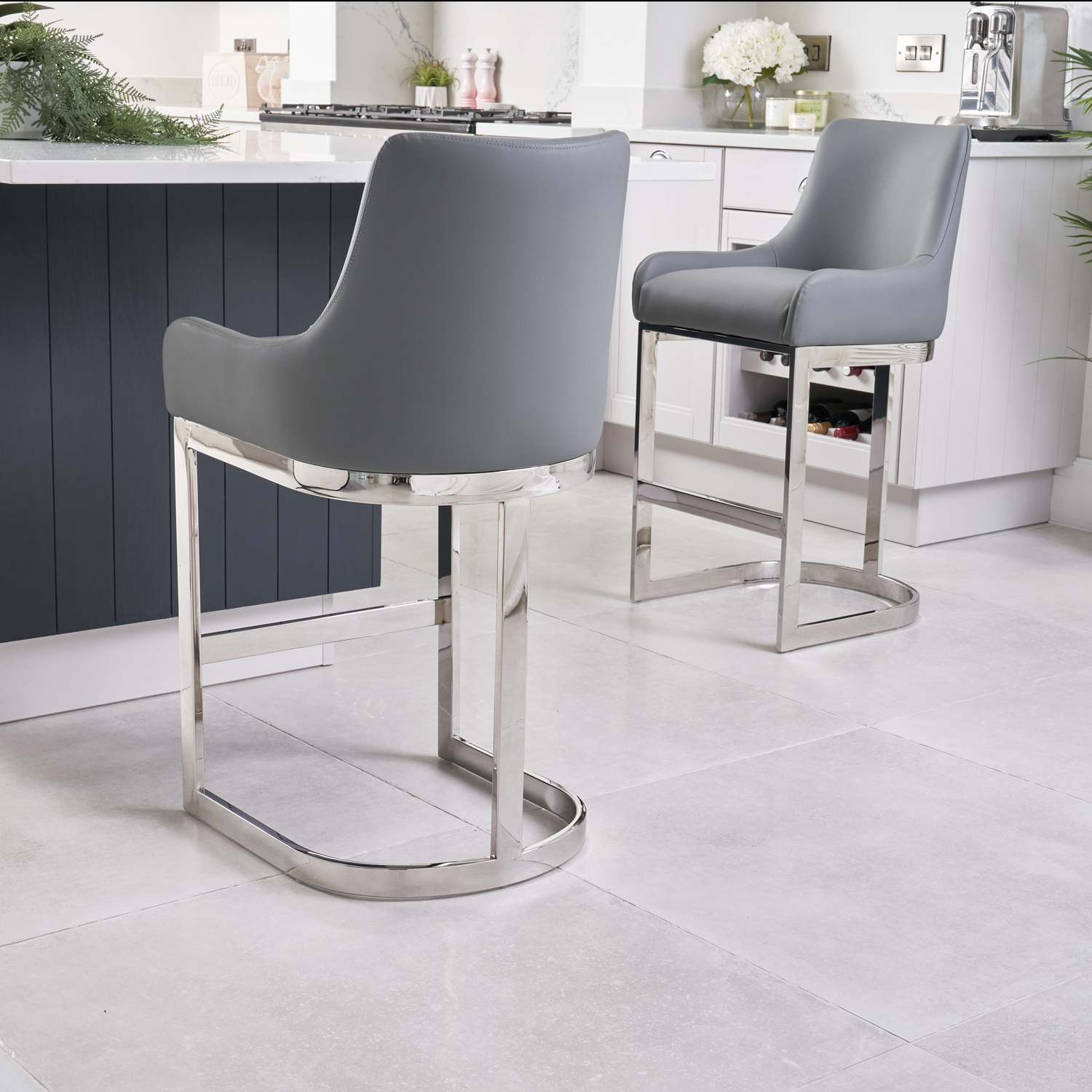 Clara Grey Faux Leather Counter Kitchen Barstool with a Stainless Steel Frame