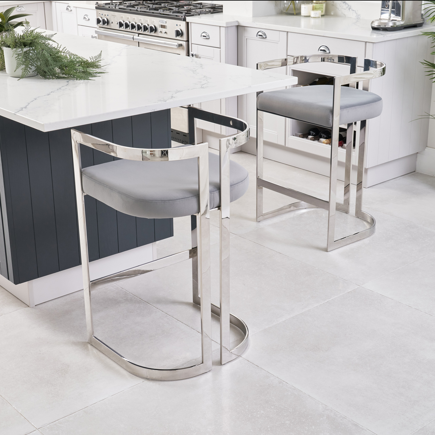 Annalise Grey Velvet Kitchen Barstool – Stainless Steel