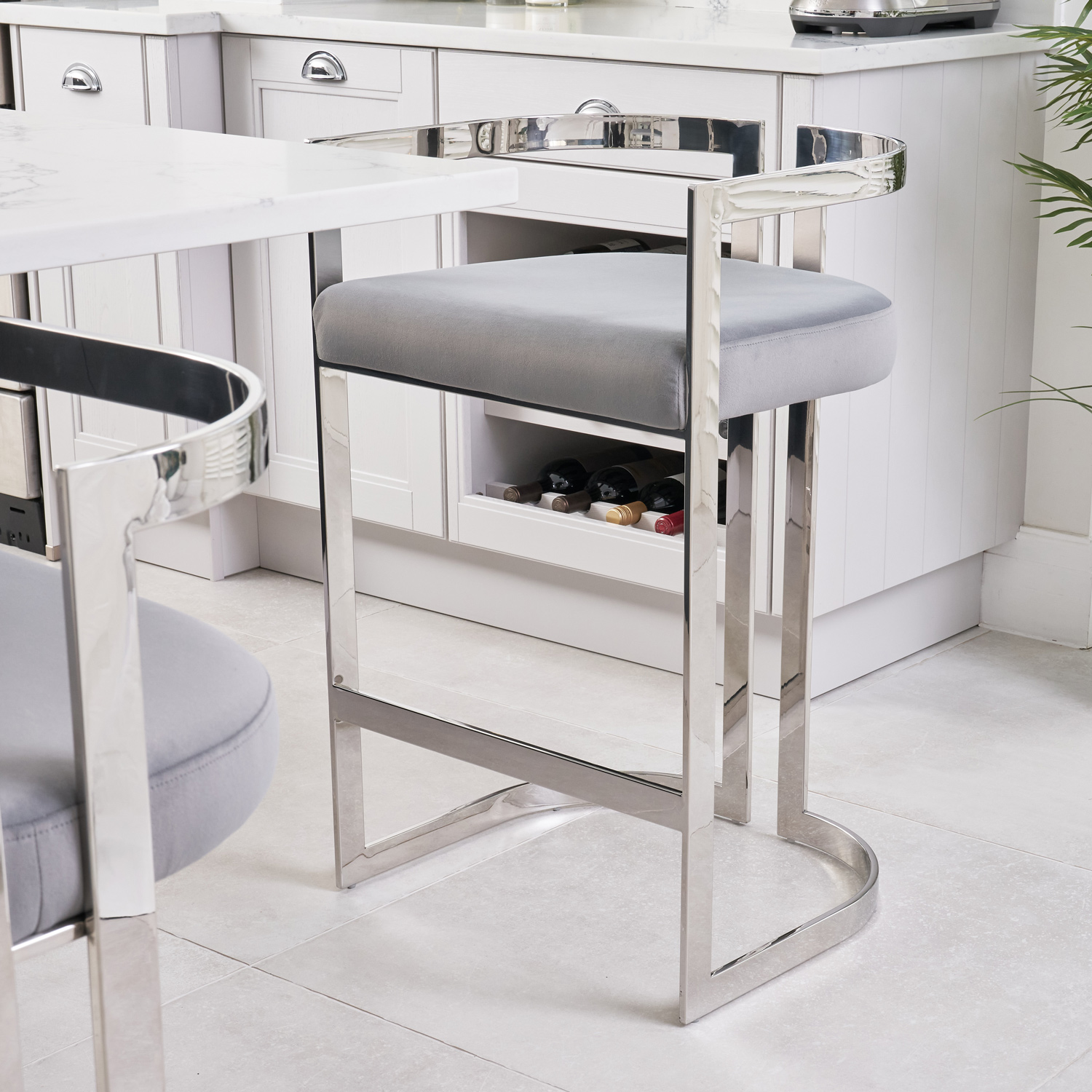 Annalise Grey Velvet Kitchen Barstool – Stainless Steel