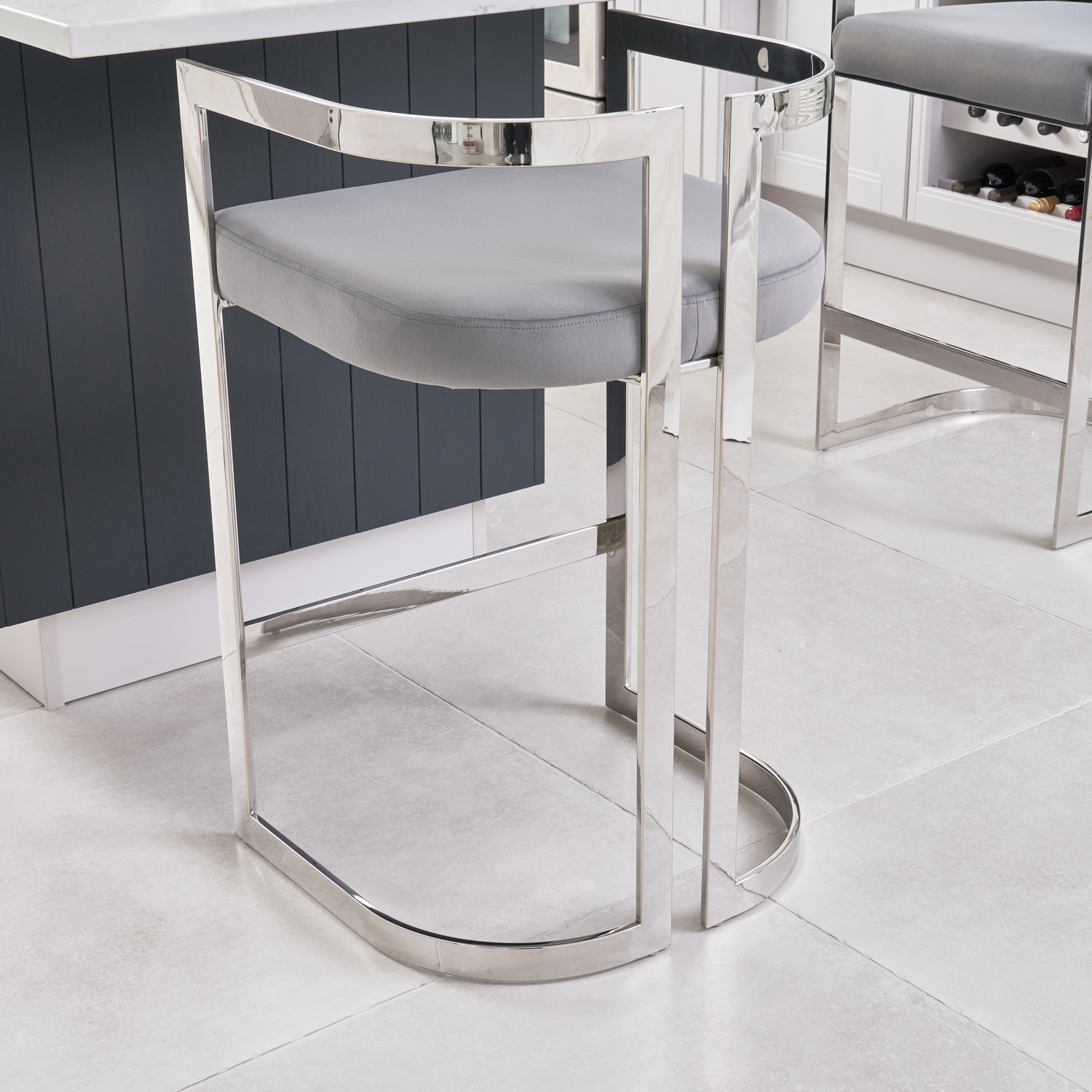 Annalise Grey Velvet Kitchen Barstool – Stainless Steel