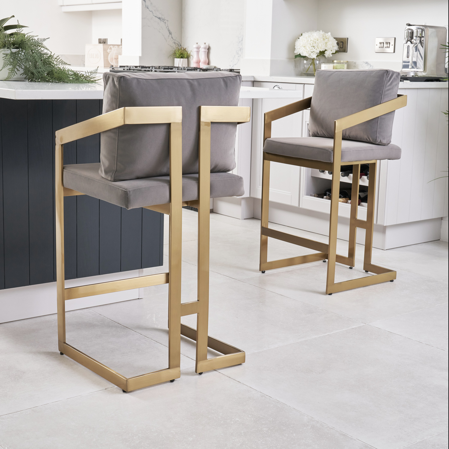 Alexandra Grey Velvet Kitchen Stool with a Gold Stainless Steel Frame
