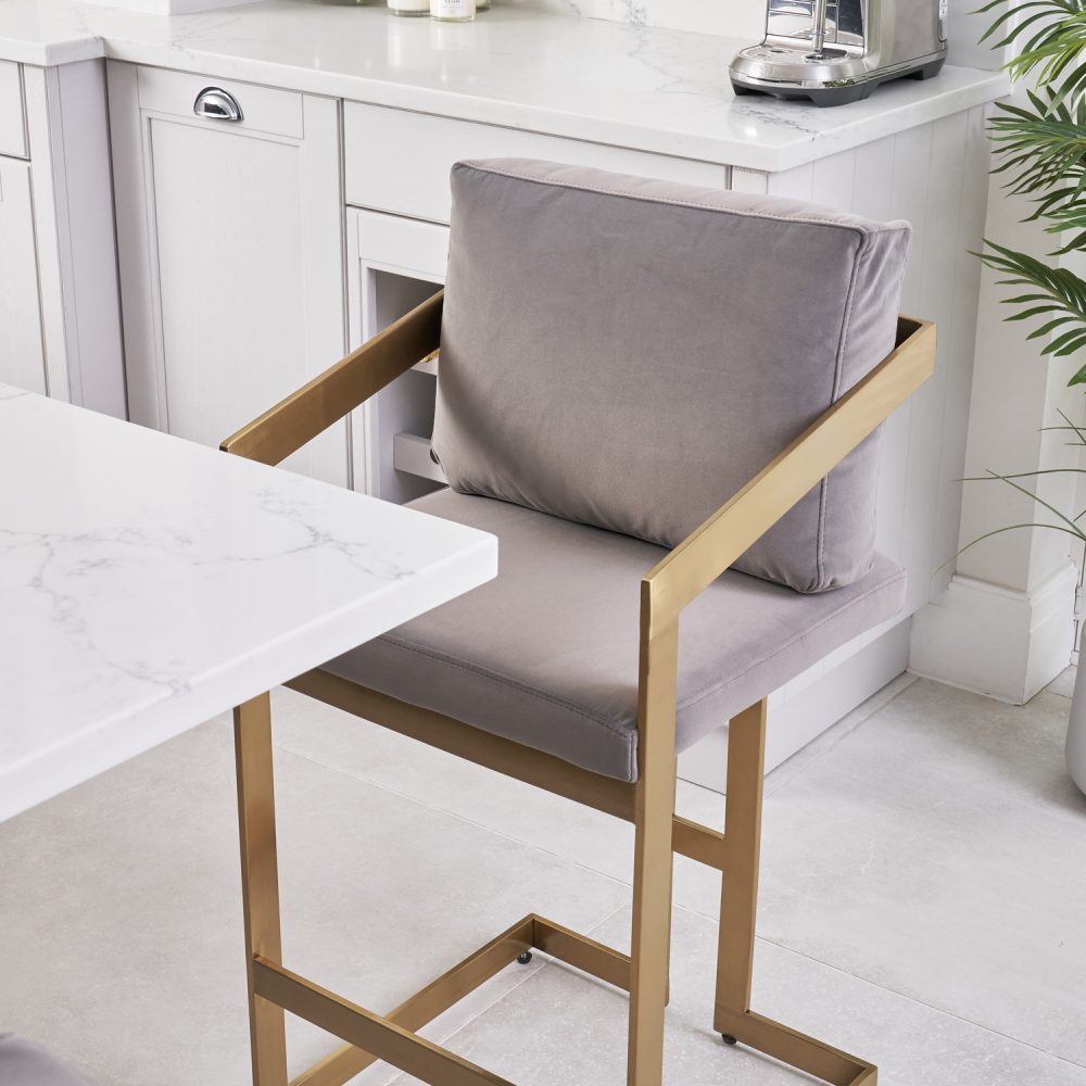 Alexandra Grey Velvet Kitchen Stool with a Gold Stainless Steel Frame - Image 5