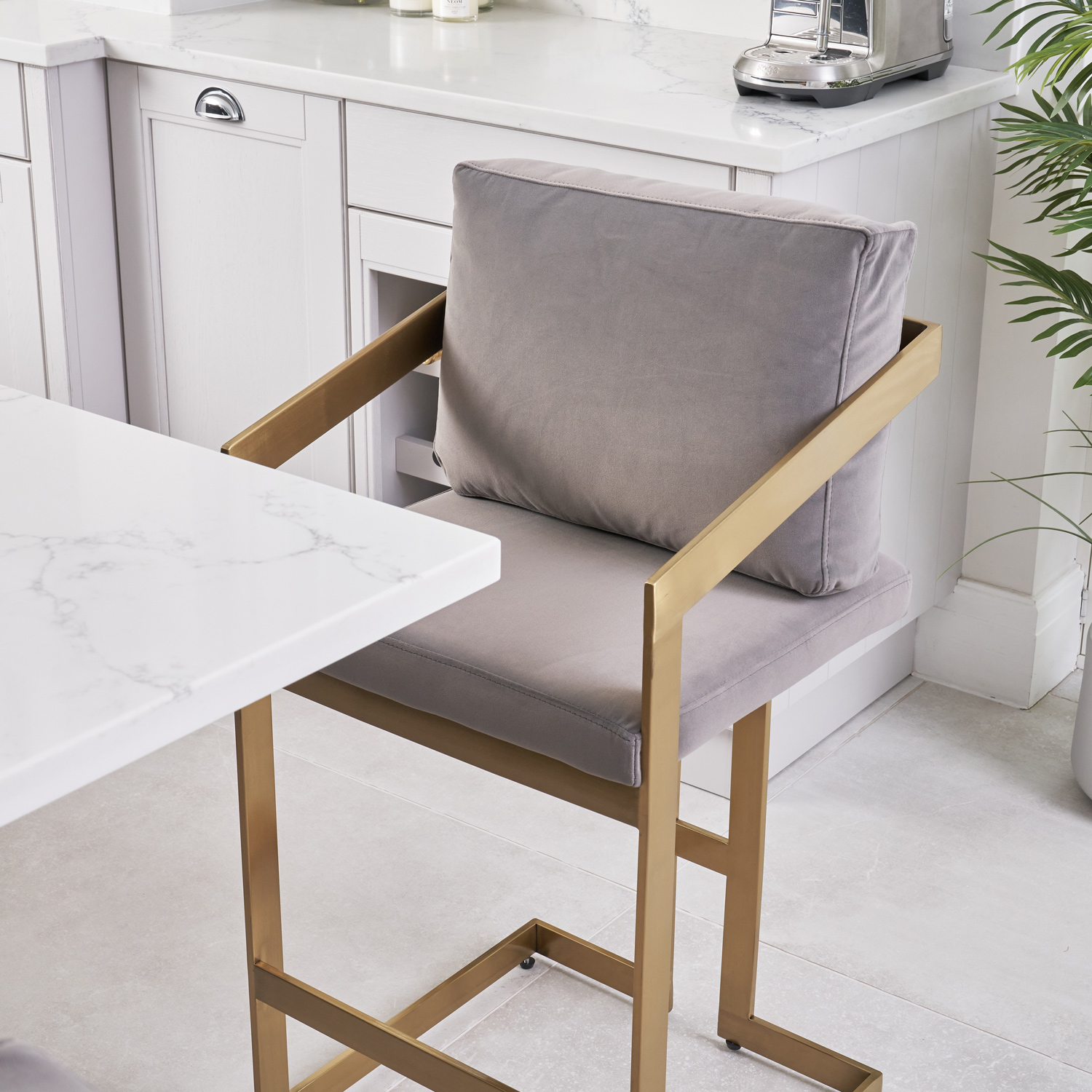 Alexandra Grey Velvet Kitchen Stool with a Gold Stainless Steel Frame