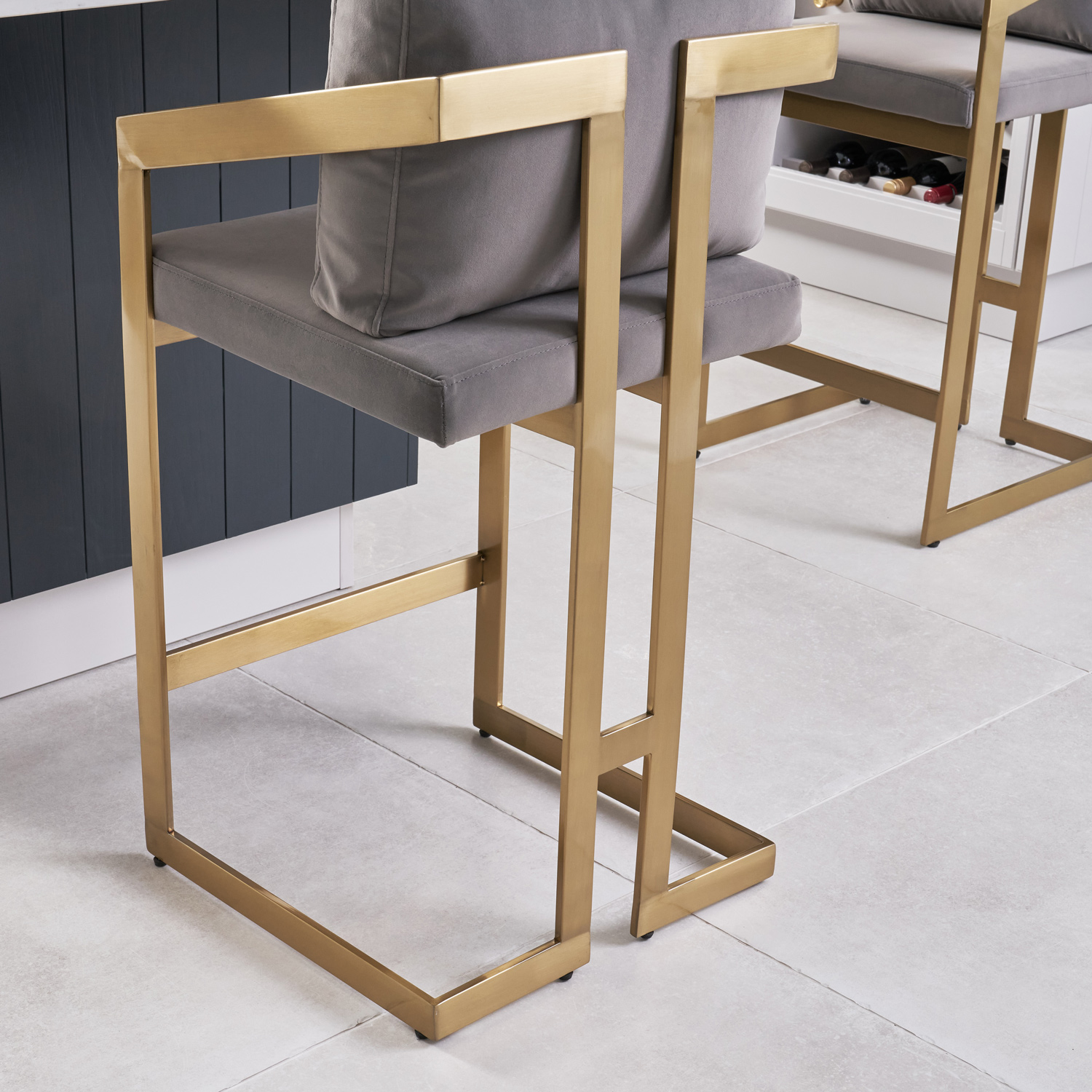 Alexandra Grey Velvet Kitchen Stool with a Gold Stainless Steel Frame