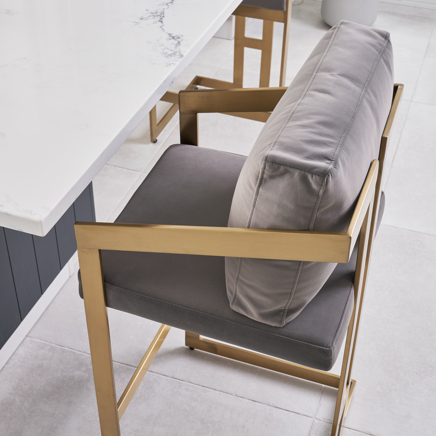 Alexandra Grey Velvet Kitchen Stool with a Gold Stainless Steel Frame