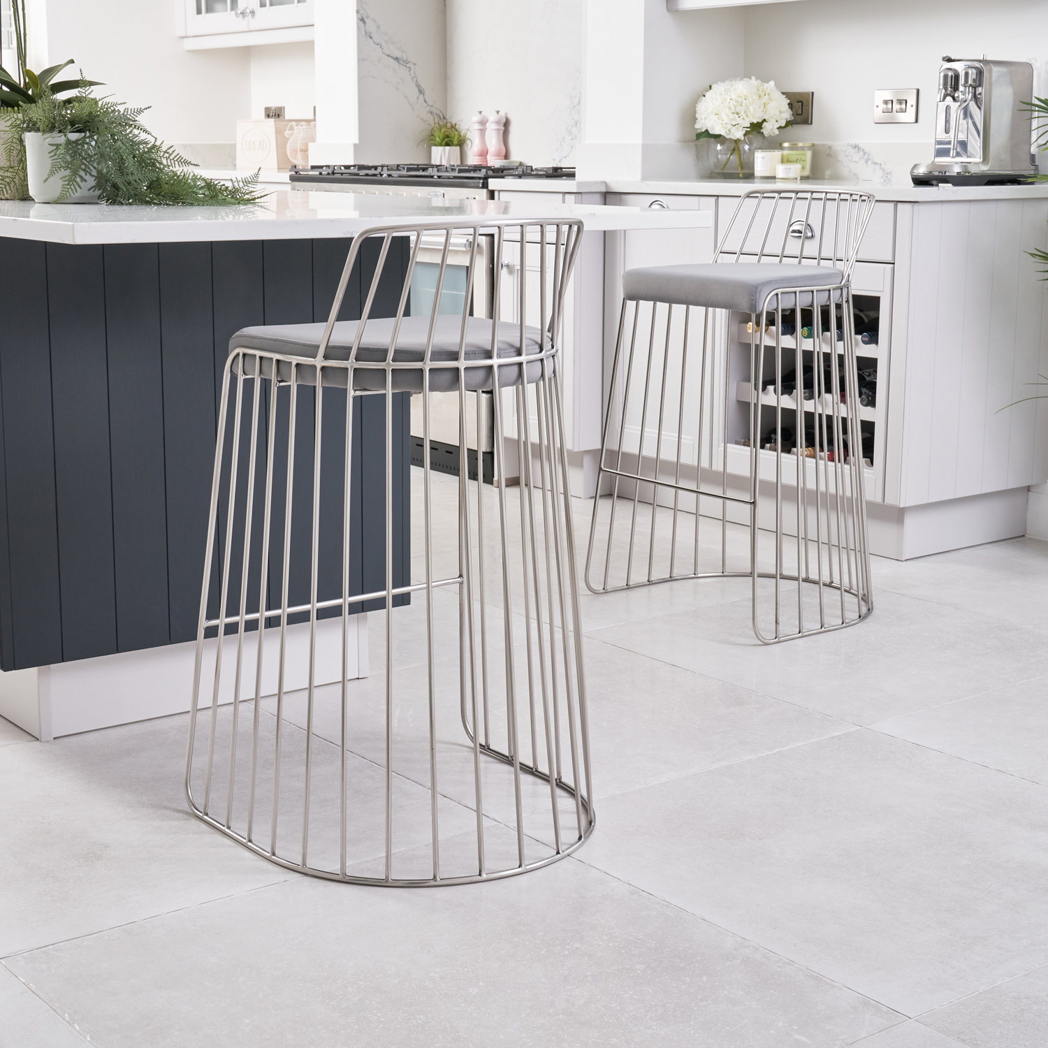 Claudia Grey Velvet Stainless Steel Kitchen Barstool