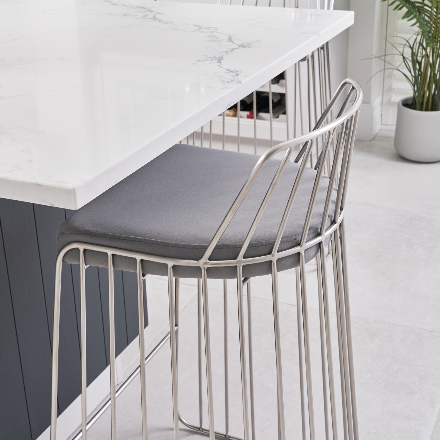 Claudia Grey Velvet Stainless Steel Kitchen Barstool