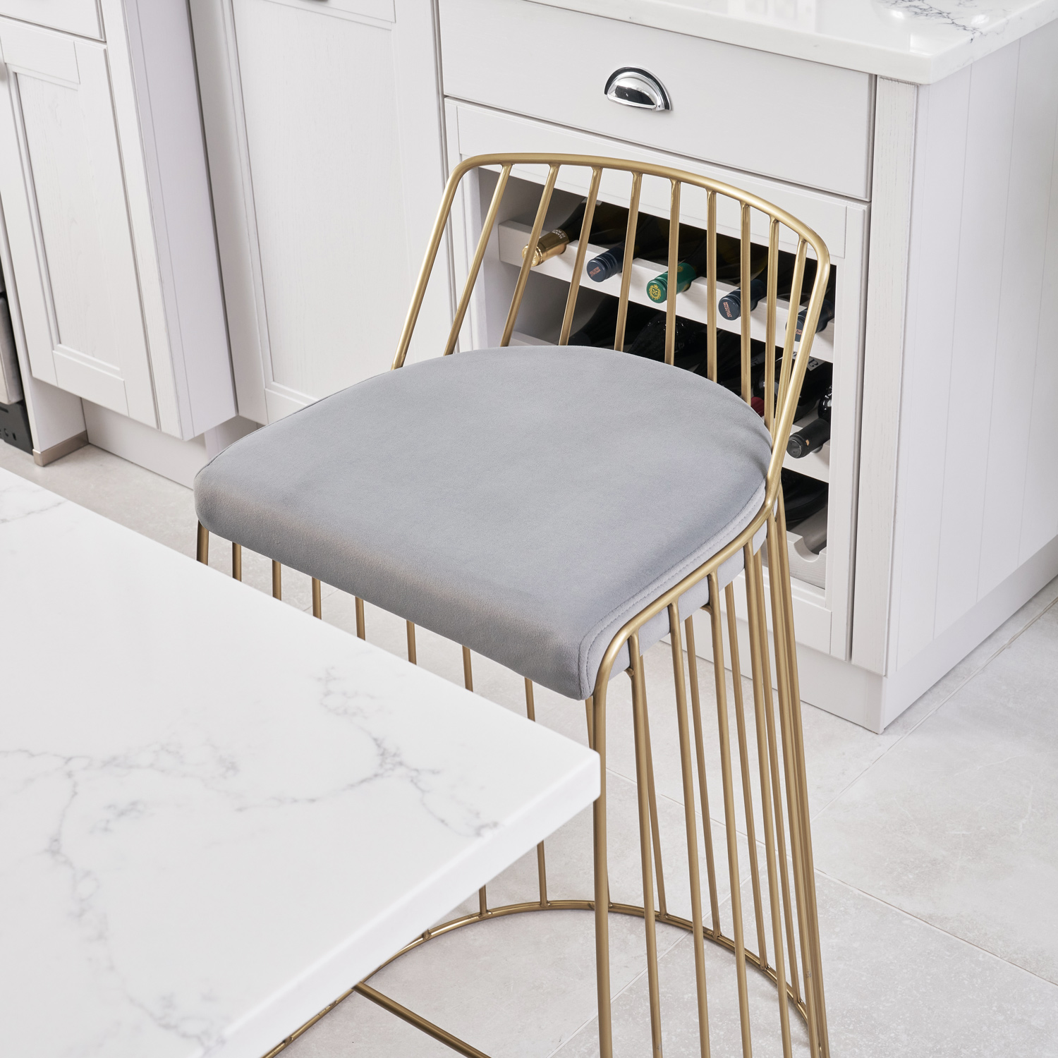 Claudia Grey Velvet Kitchen Barstool With a Gold Solid Frame