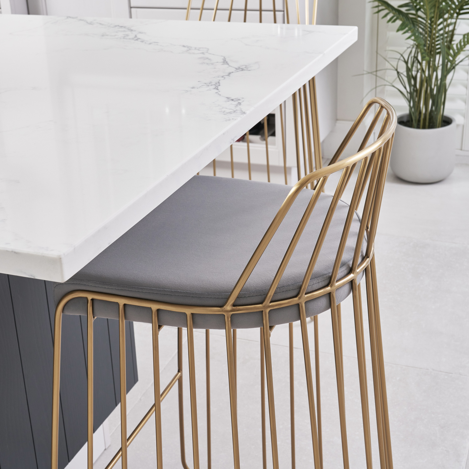 Claudia Grey Velvet Kitchen Barstool With a Gold Solid Frame