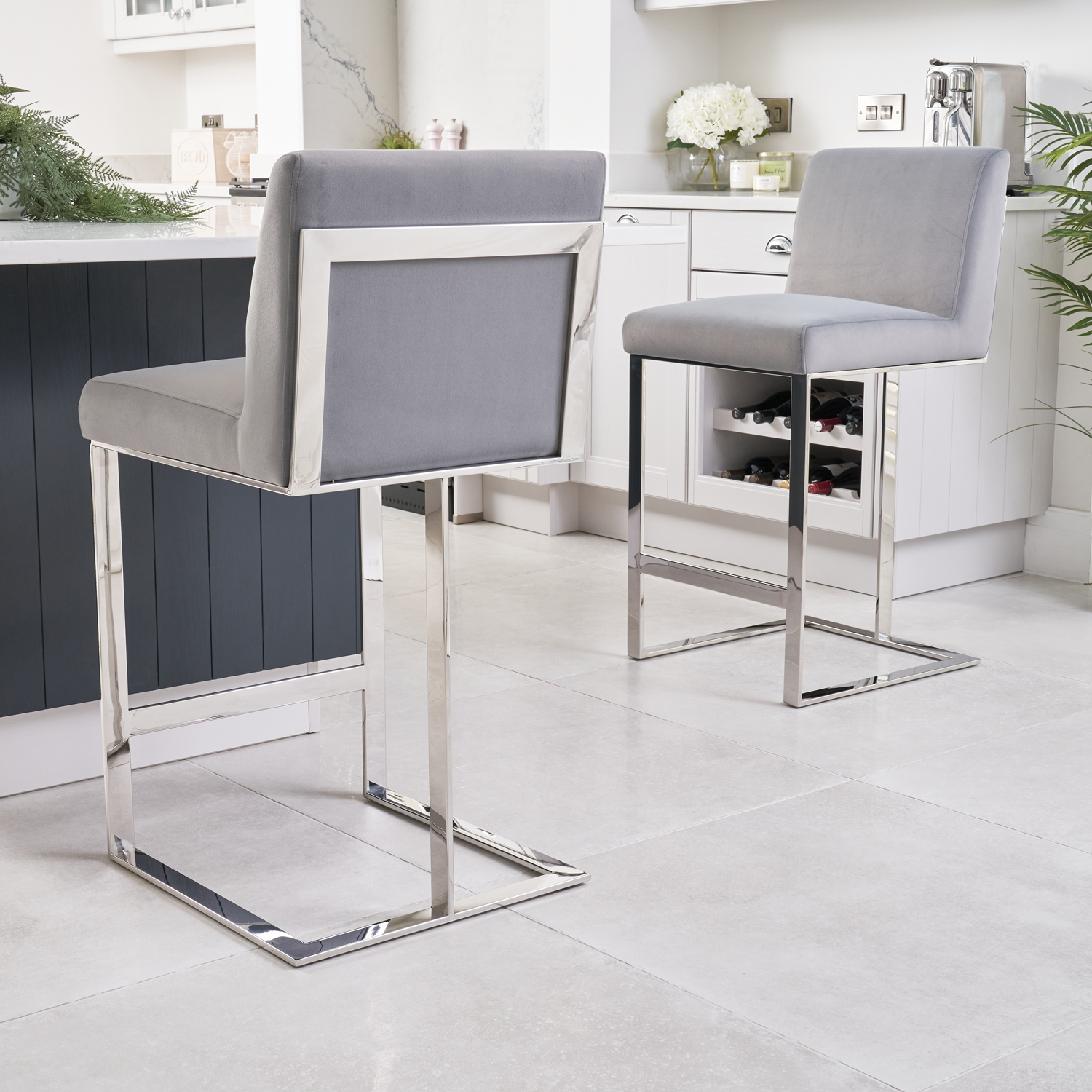 Bailey Grey Velvet Kitchen Barstool – Polished Steel