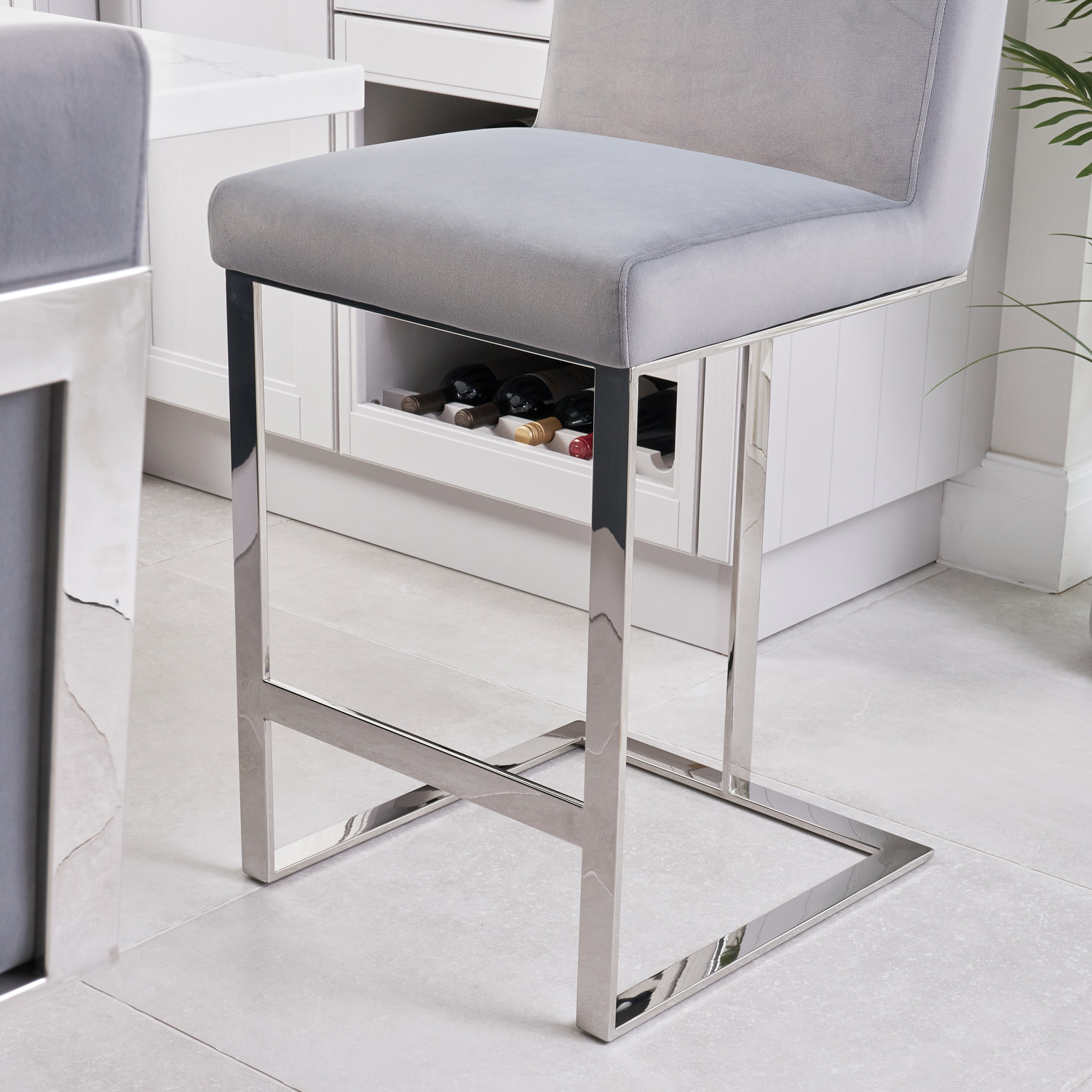 Bailey Grey Velvet Kitchen Barstool – Polished Steel