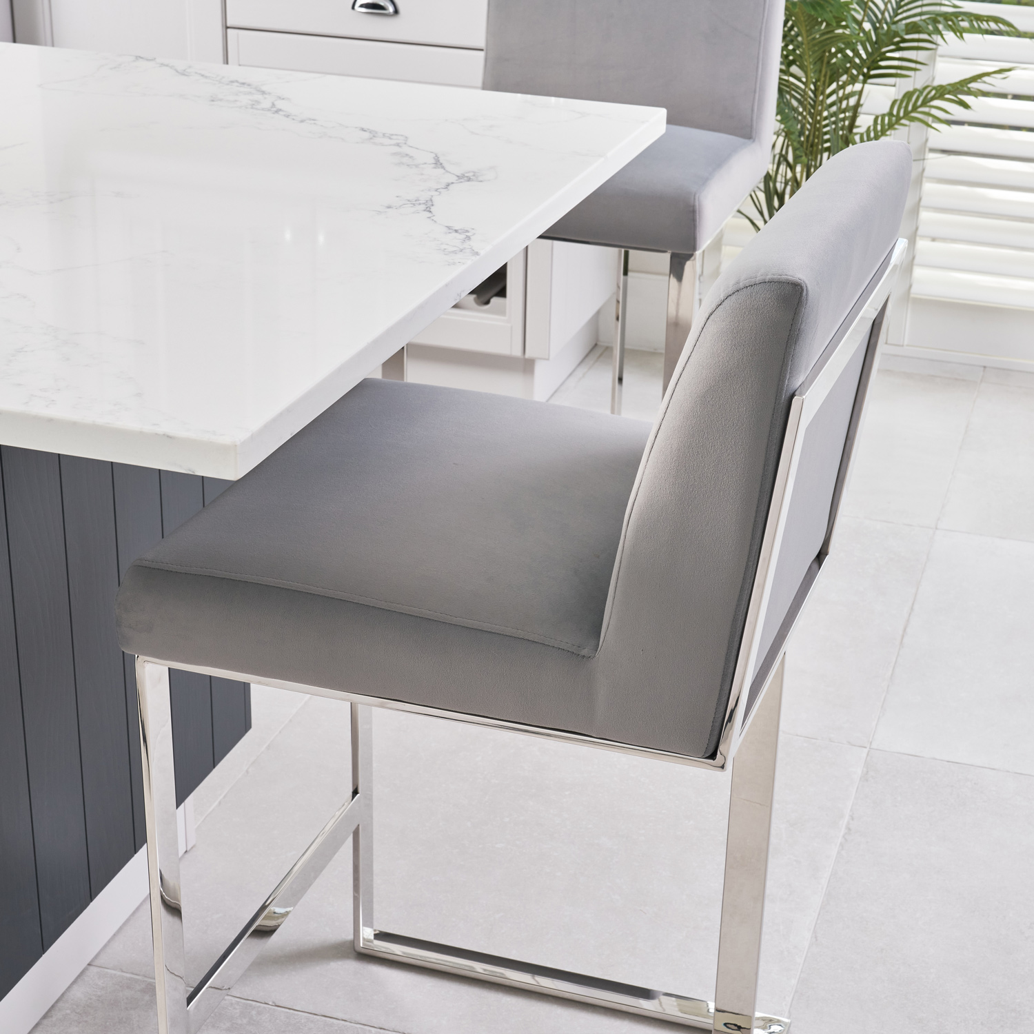 Bailey Grey Velvet Kitchen Barstool – Polished Steel