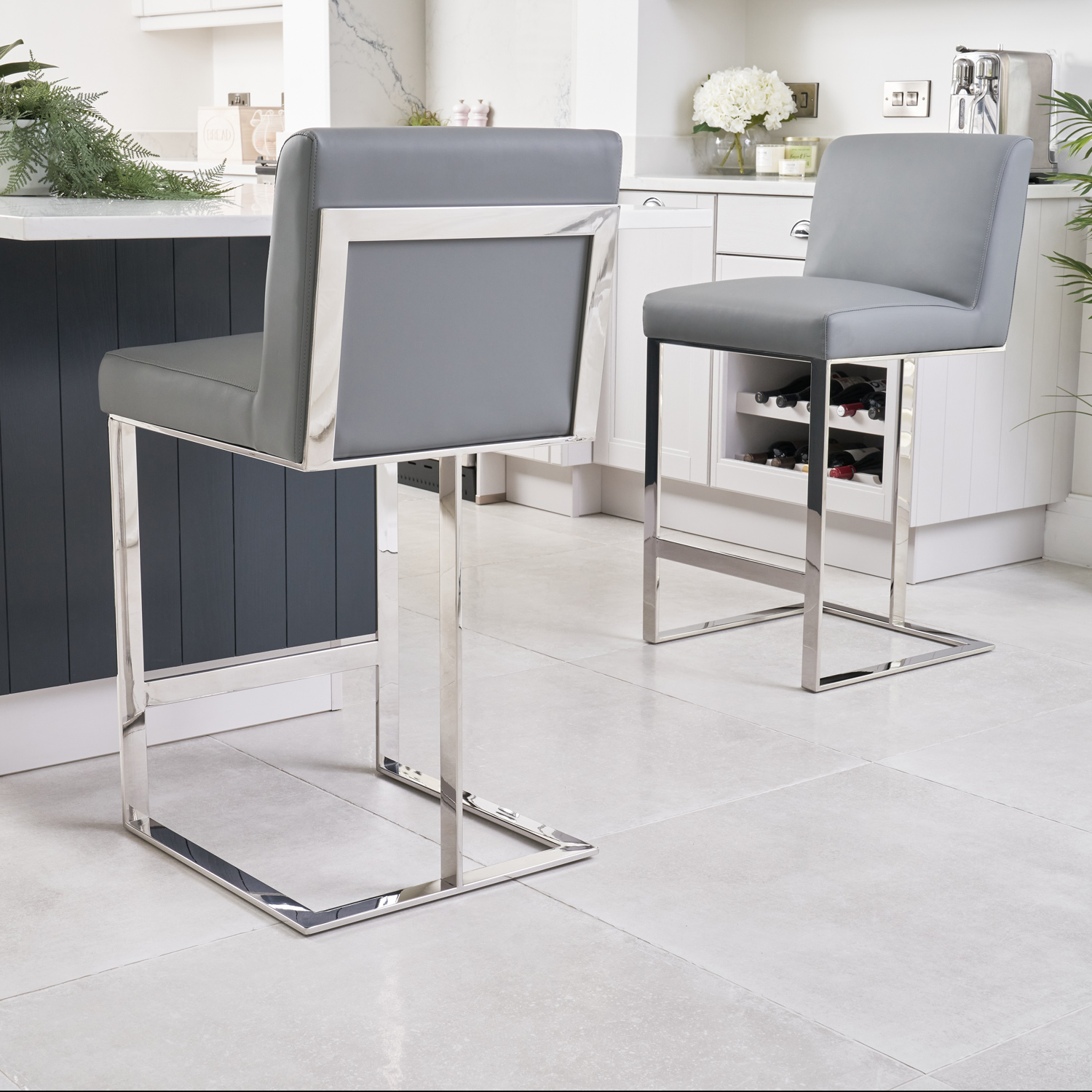 Bailey Grey Faux Leather Kitchen Barstool – Polished Steel