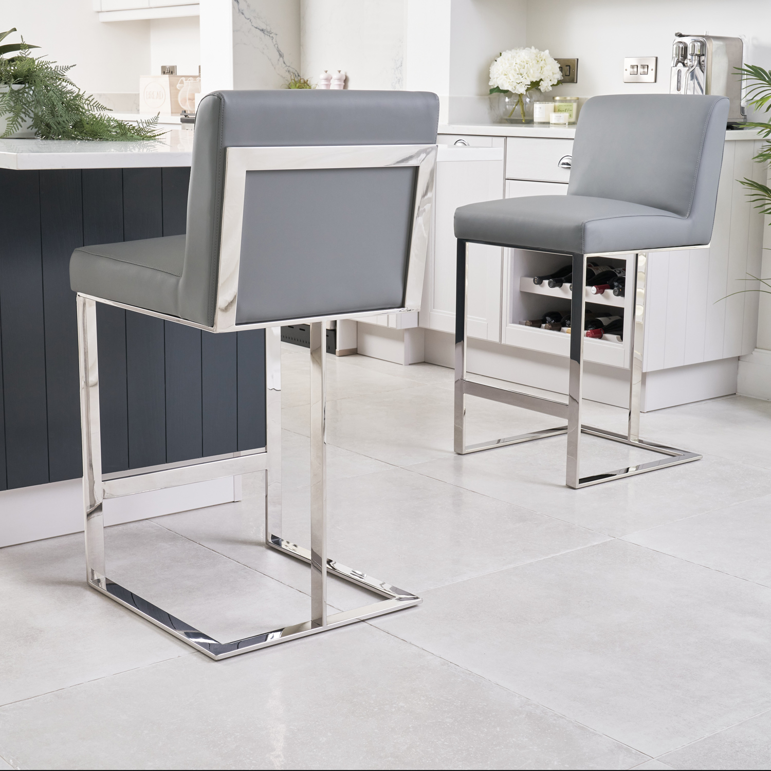 Bailey Grey Faux Leather Kitchen Barstool Polished Steel